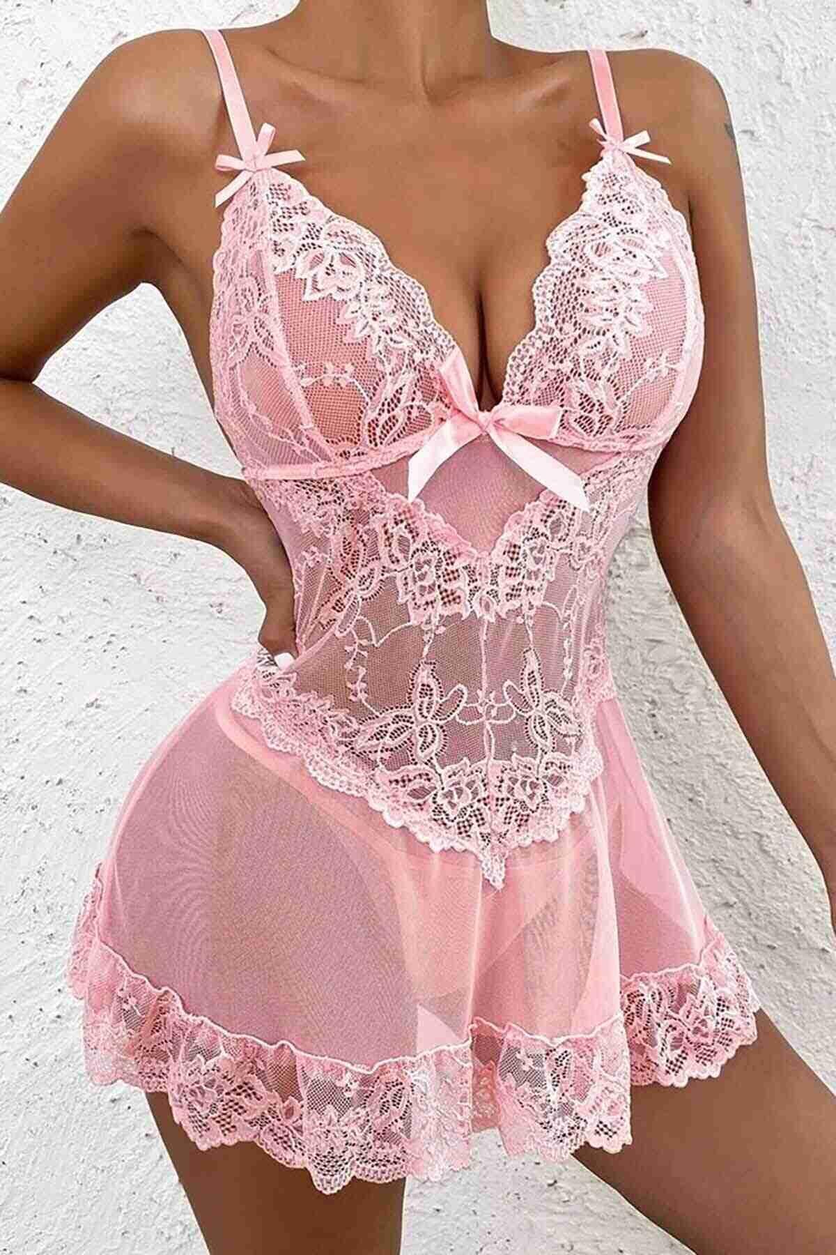Merry See Dantel Gecelik Babydoll İç giyim Pembe