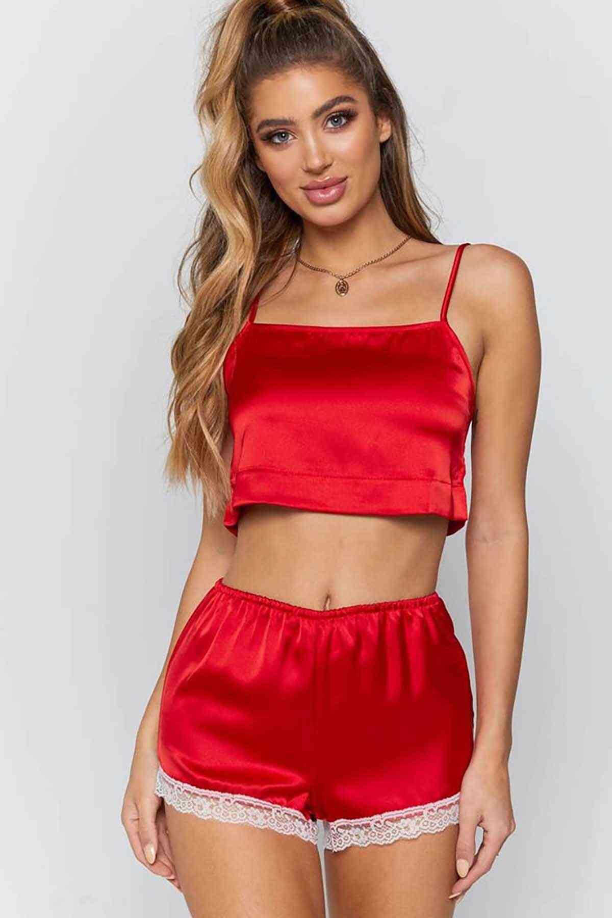 Merry See Dantel İşlemeli Saten Şortlu Pijama Takım Kırmızı