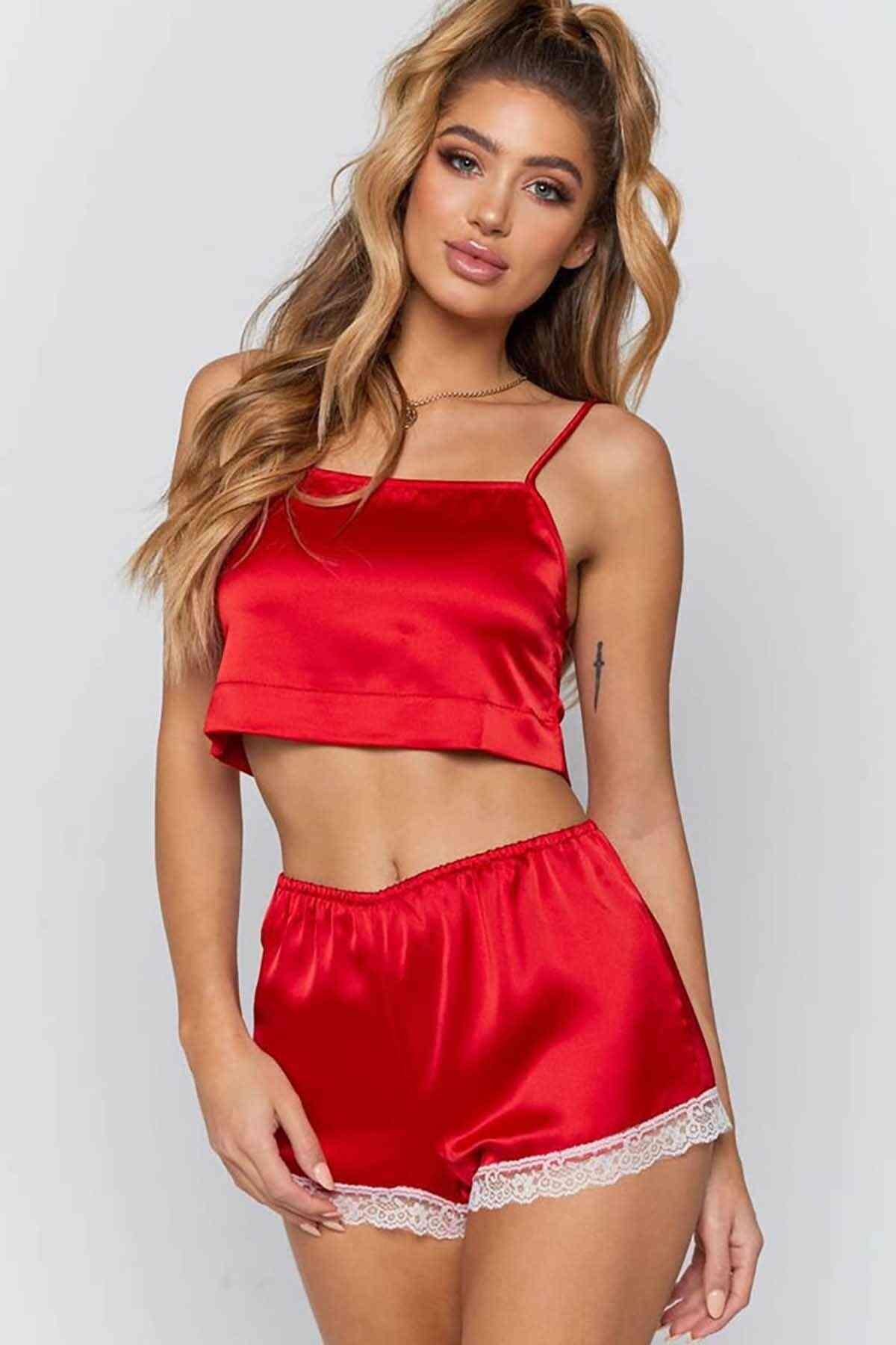 Merry See Dantel İşlemeli Saten Şortlu Pijama Takım Kırmızı