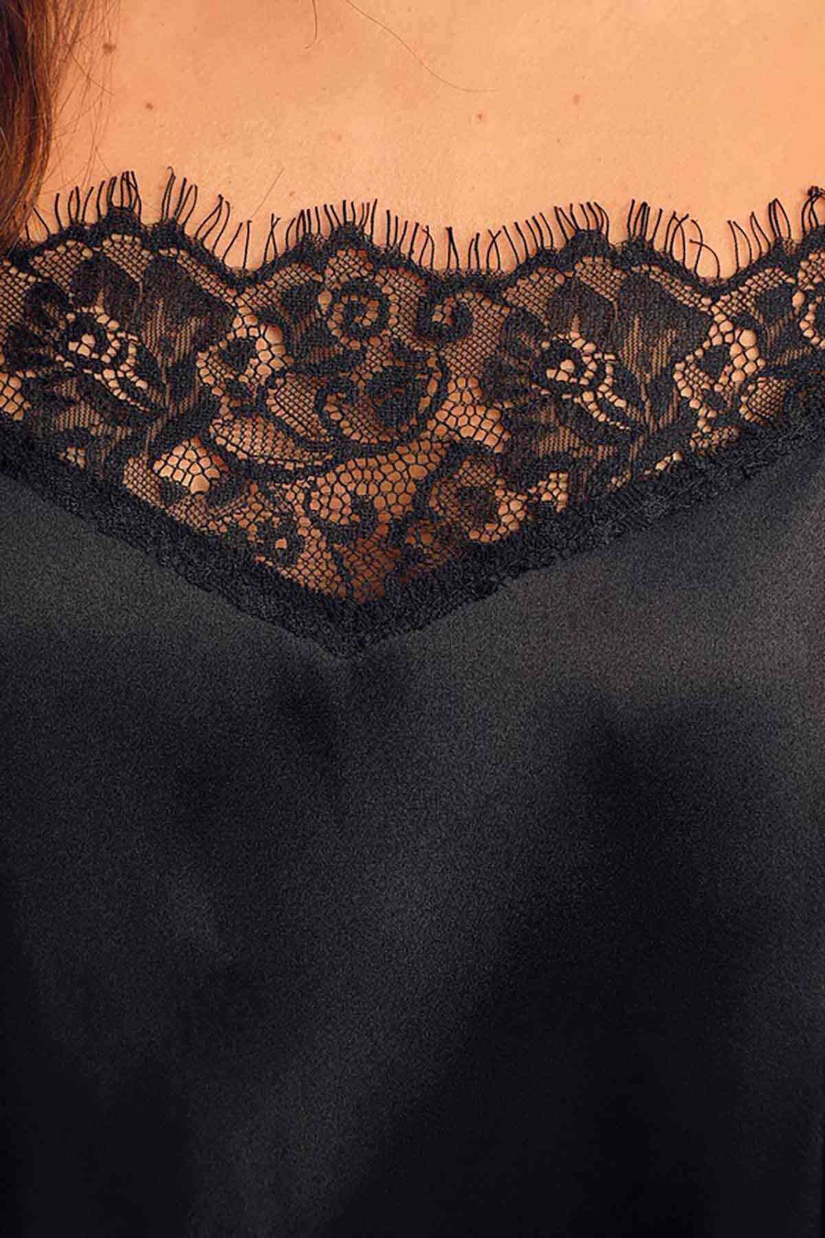 Merry See Dantel İşlemeli Saten Şortlu Pijama Takım Siyah