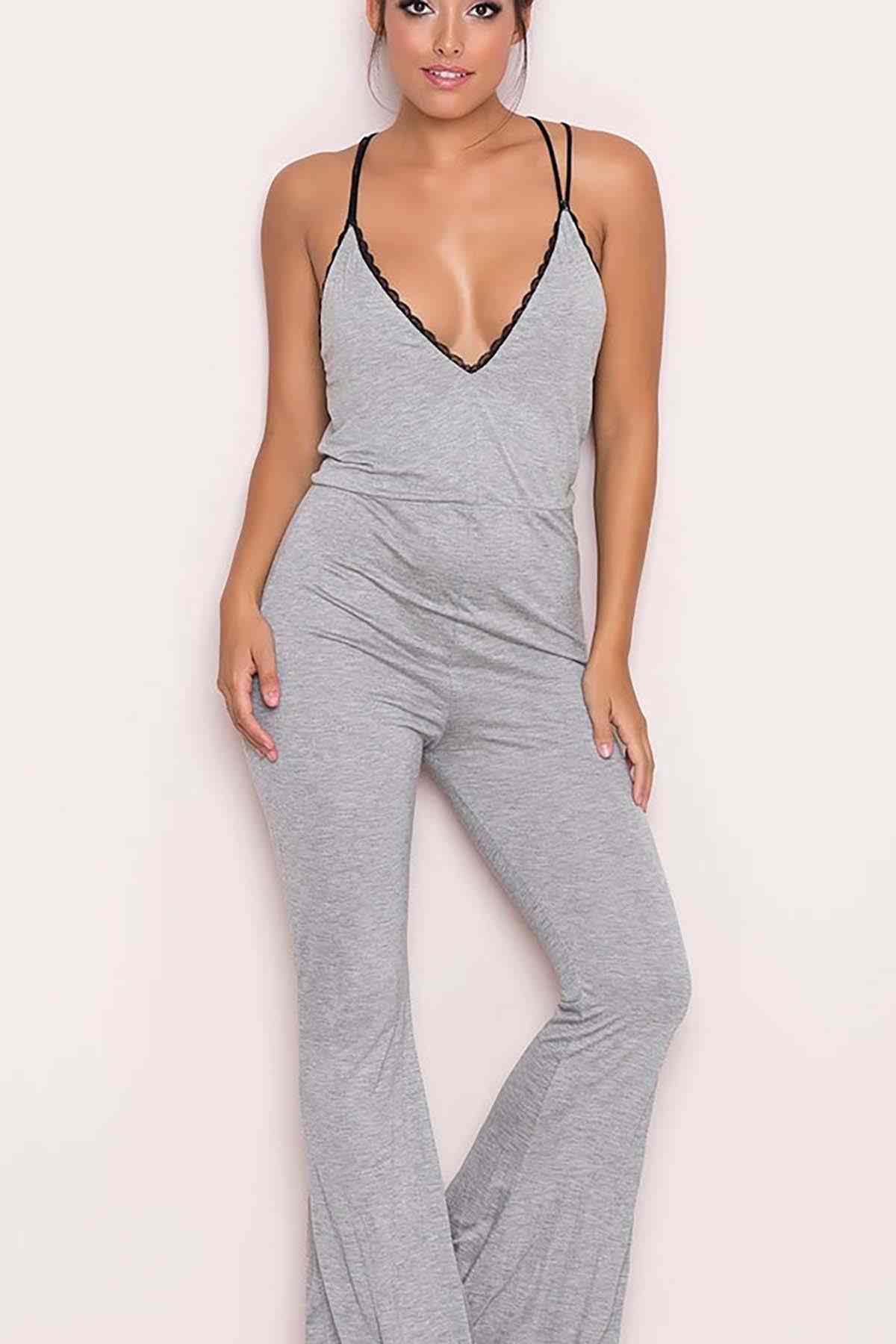 Merry See Gri Dantel İşlemeli Askılı Eşofman Pijama Tulum