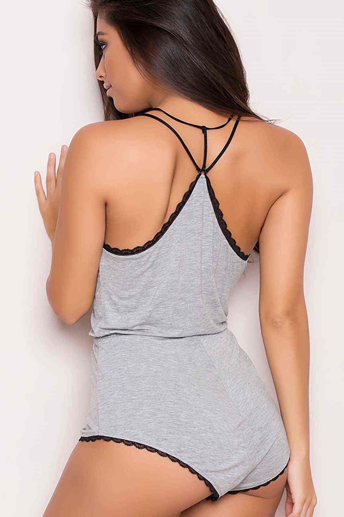 Merry See Gri Dantel İşlemeli Birleşik Şortlu Pijama