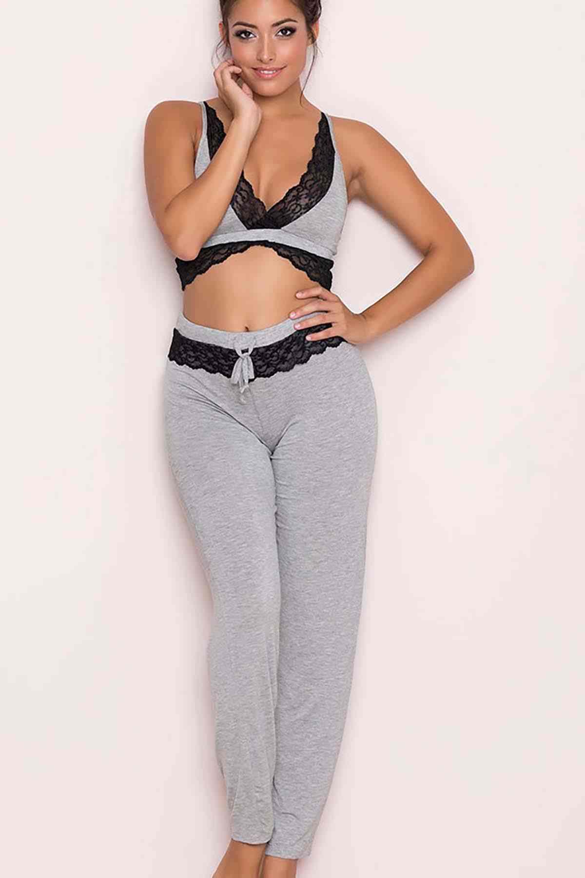 Merry See Gri Dantel İşlemeli Eşofman Pijama Alt Üst Takım