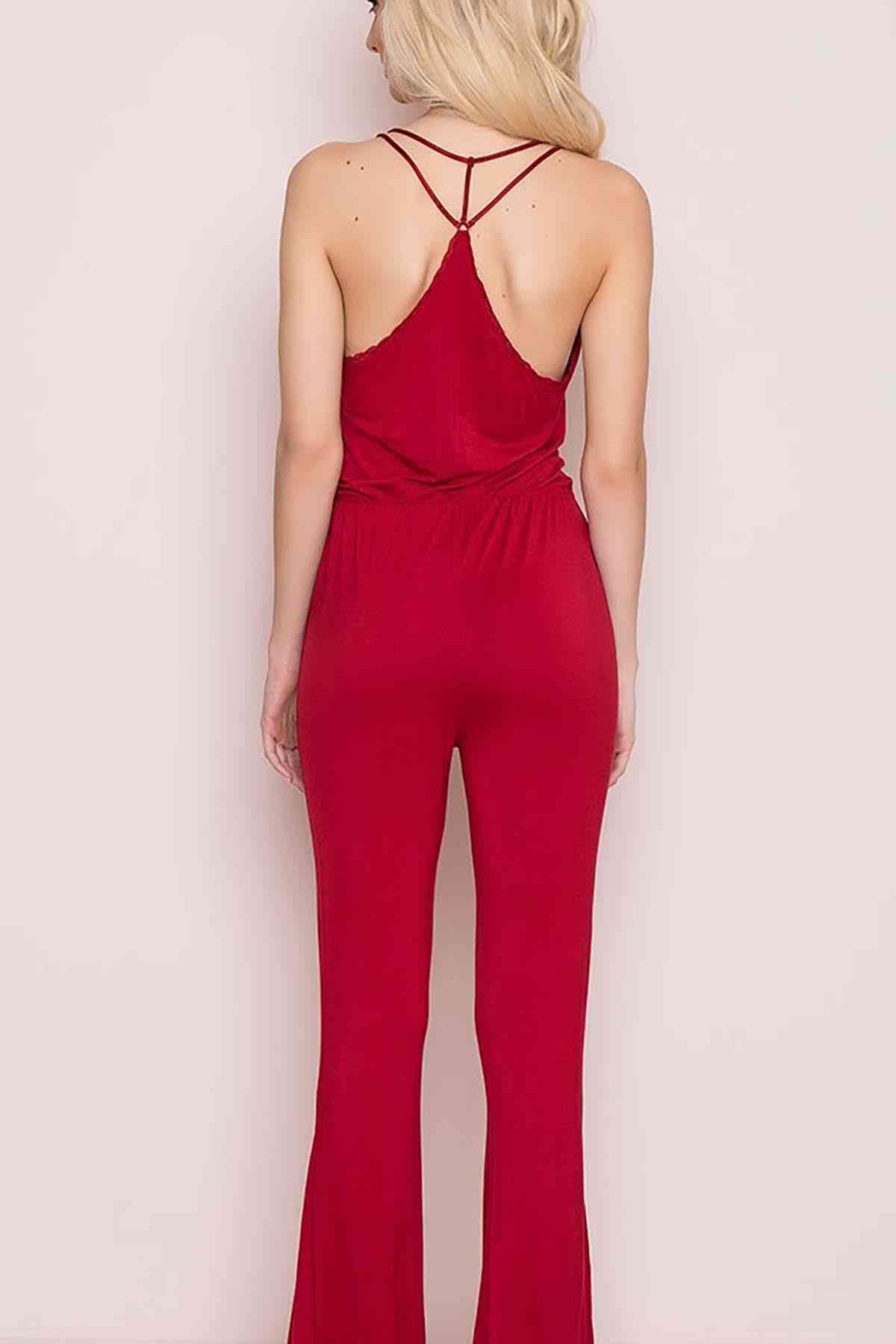 Merry See Kırmızı Dantel İşlemeli Askılı Eşofman Pijama Tulum