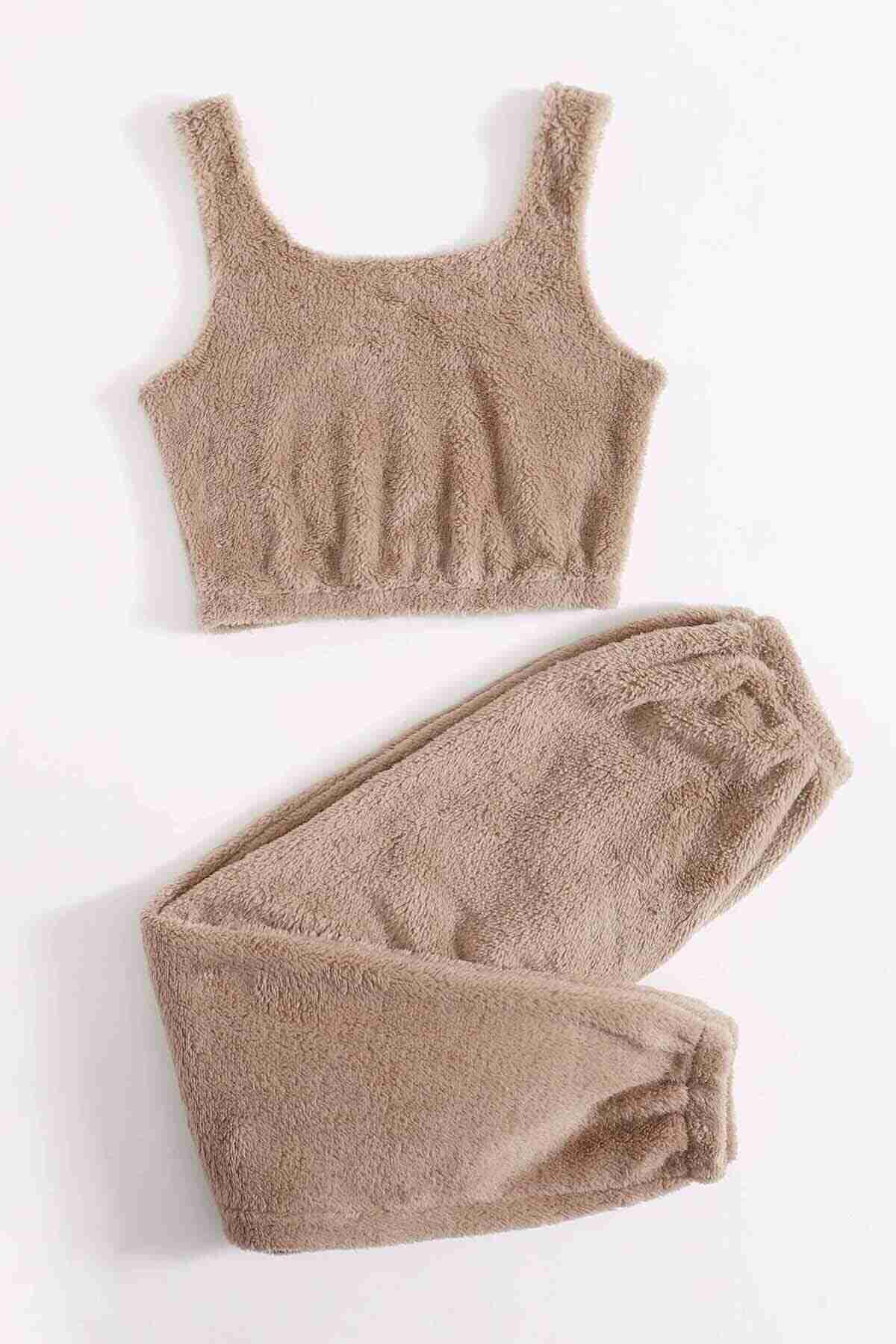 Merry See Kolsuz Askılı Peluş Polar Alt Üst Pijama Takımı Kahverengi