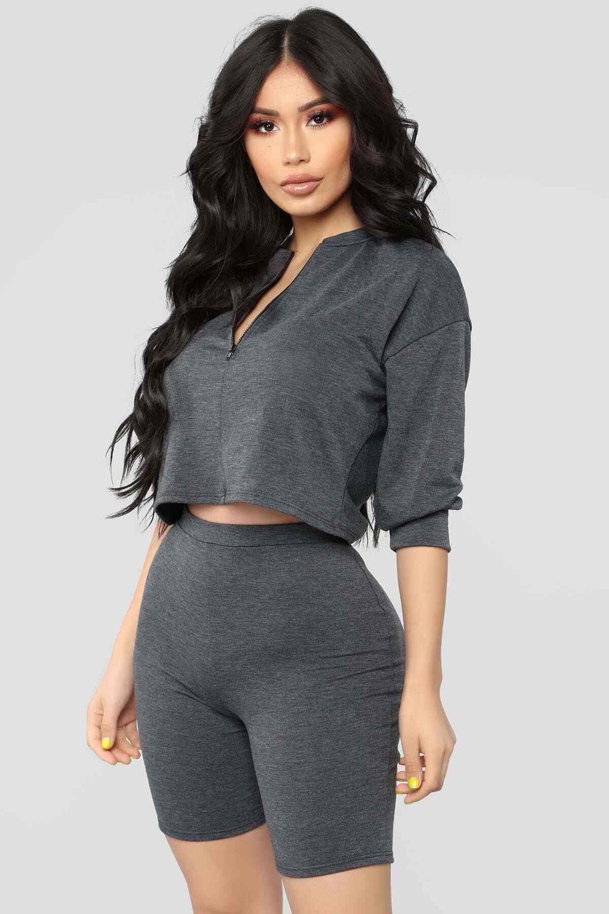 Merry See Penye Şortlu Fermuarlı Alt Üst Pijama Takım Gri