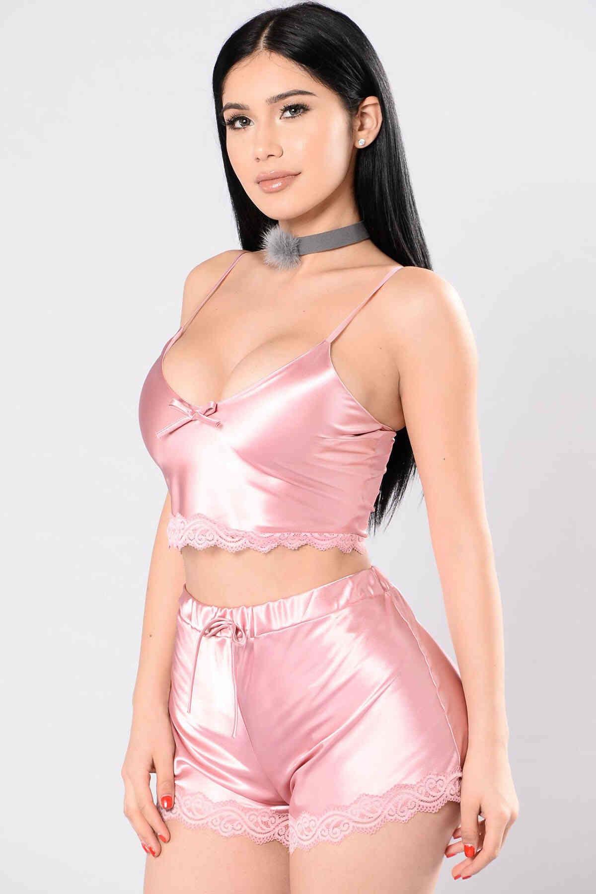 Merry See Saten Dantelli Şortlu Pijama Takım Pembe