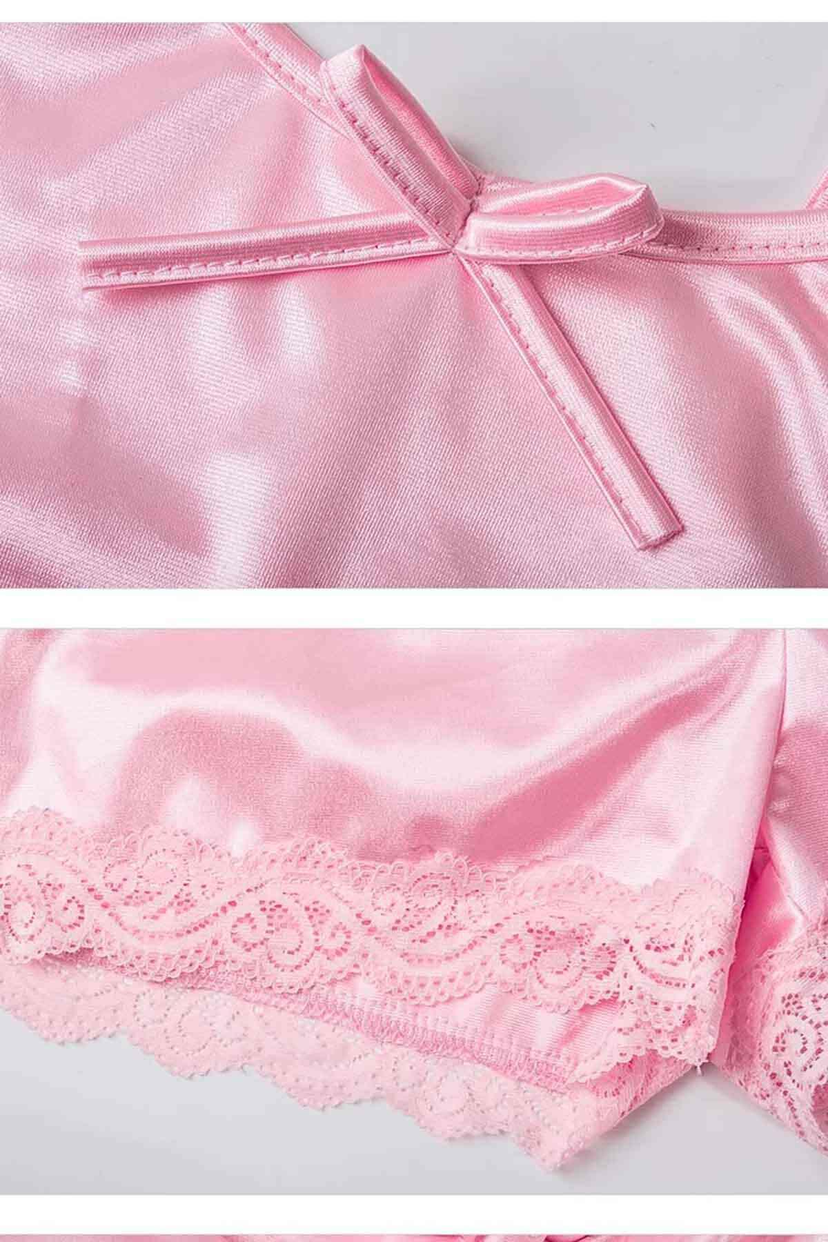 Merry See Saten Dantelli Şortlu Pijama Takım Pembe