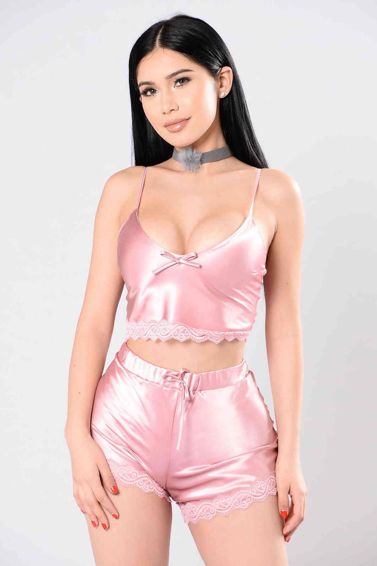 Merry See Saten Dantelli Şortlu Pijama Takım Pembe