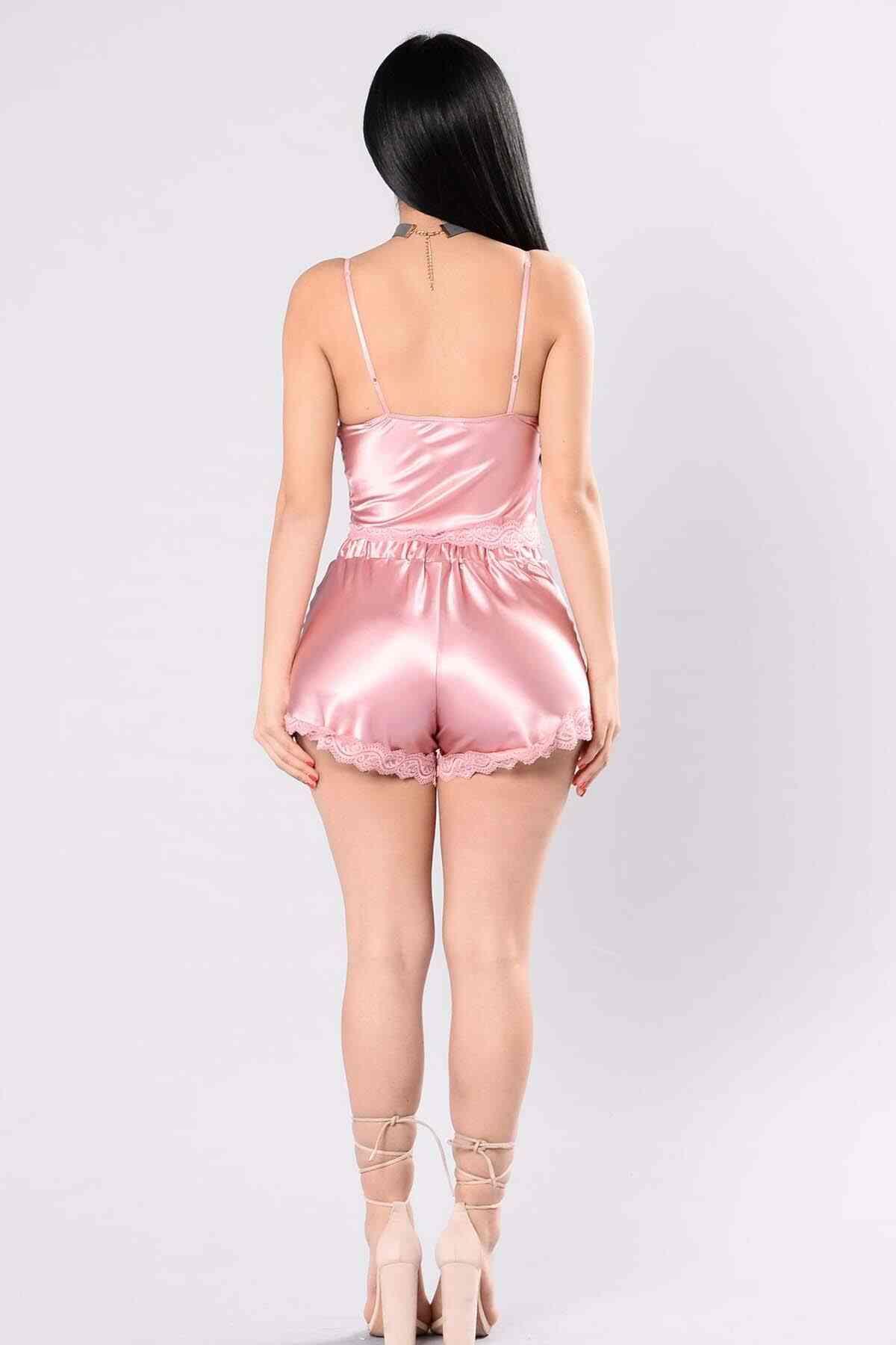 Merry See Saten Dantelli Şortlu Pijama Takım Pembe