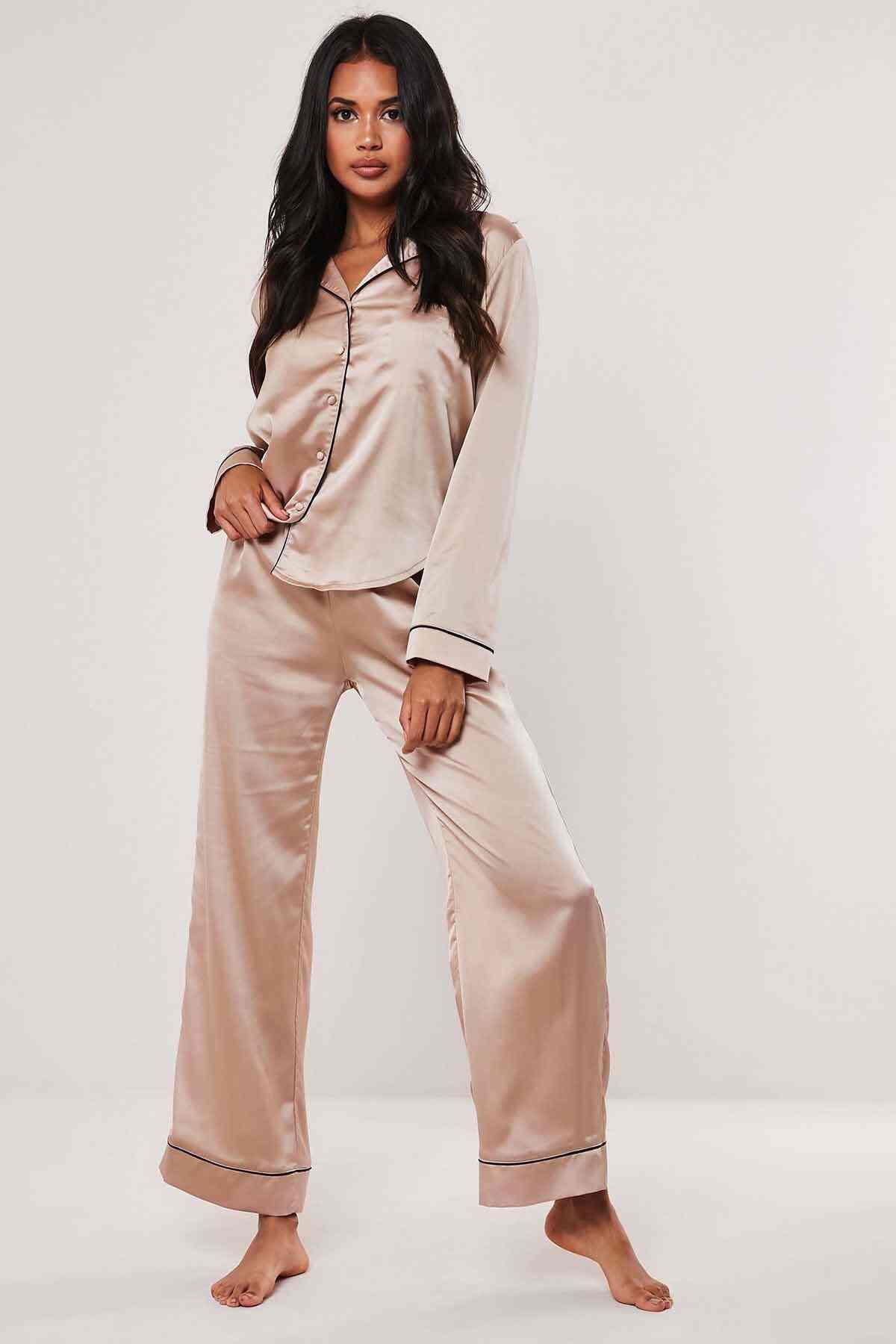 Merry See Saten Pijama Takım Düğmeli Bej