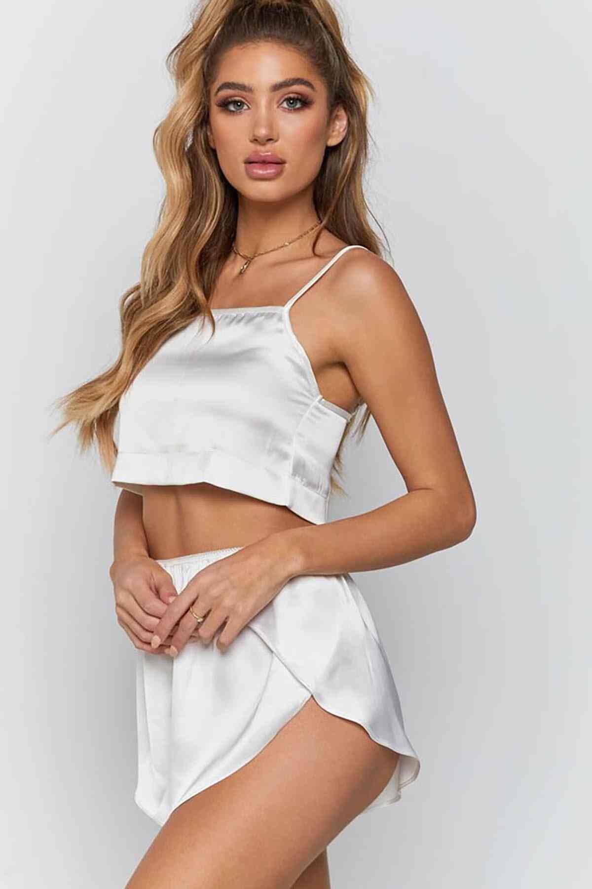 Merry See Saten Şortlu Pijama Takım Beyaz