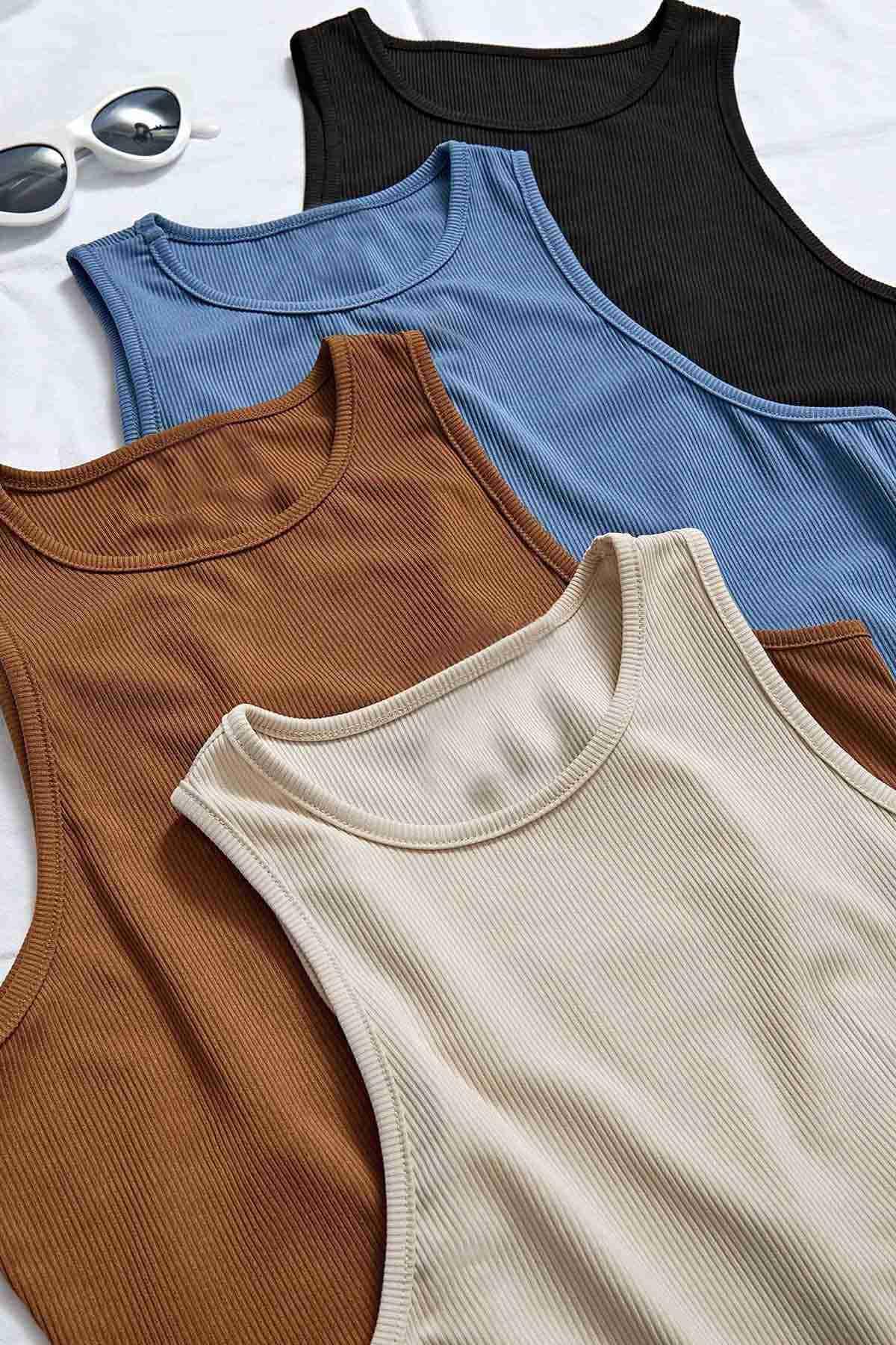 Merry See Tek Renk 1 Adet Kadın Kolsuz Örme Kumaş Bluz Crop Krem