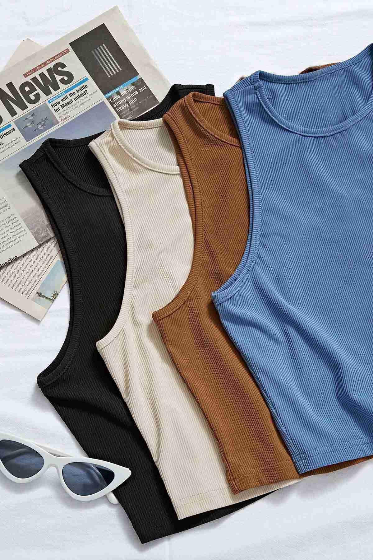 Merry See Tek Renk 1 Adet Kadın Kolsuz Örme Kumaş Bluz Crop Krem