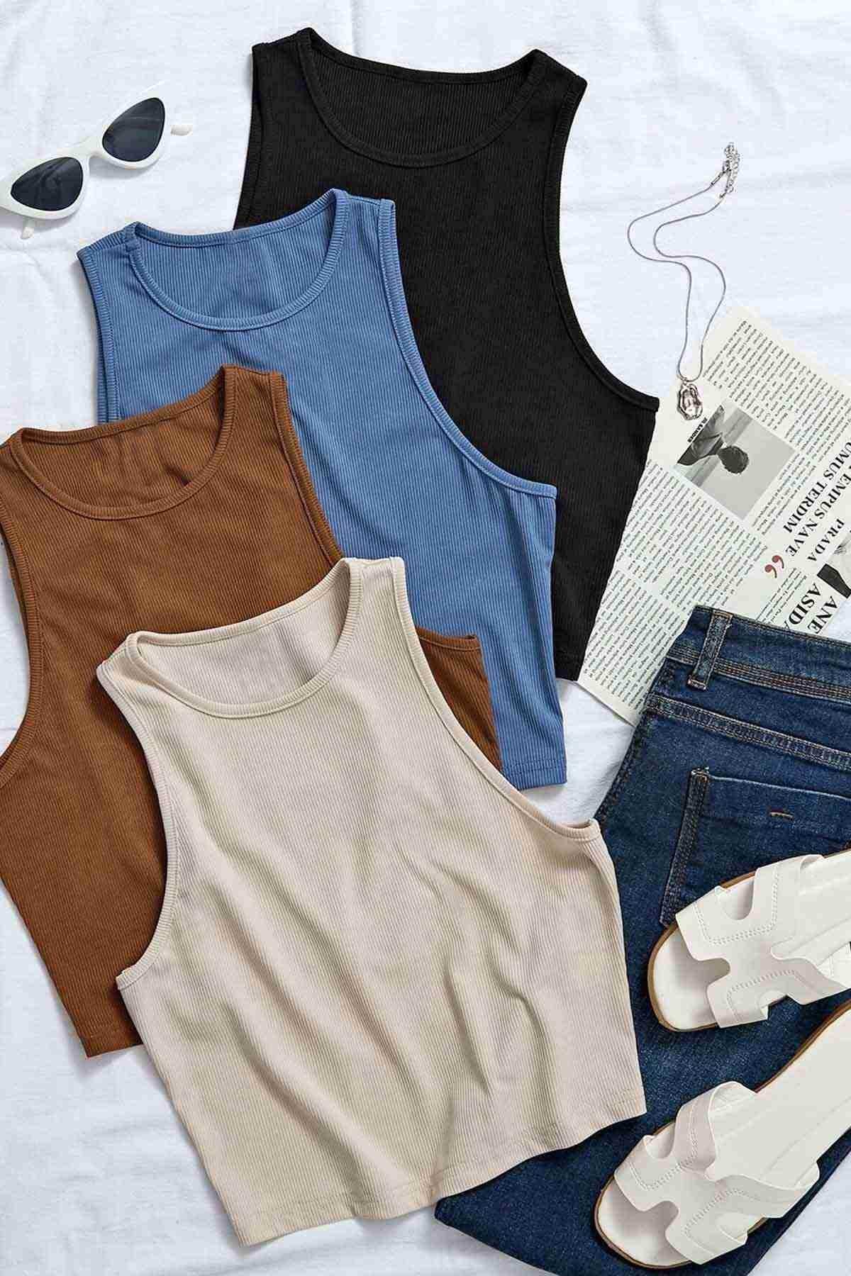 Merry See Tek Renk 1 Adet Kadın Kolsuz Örme Kumaş Bluz Crop Siyah