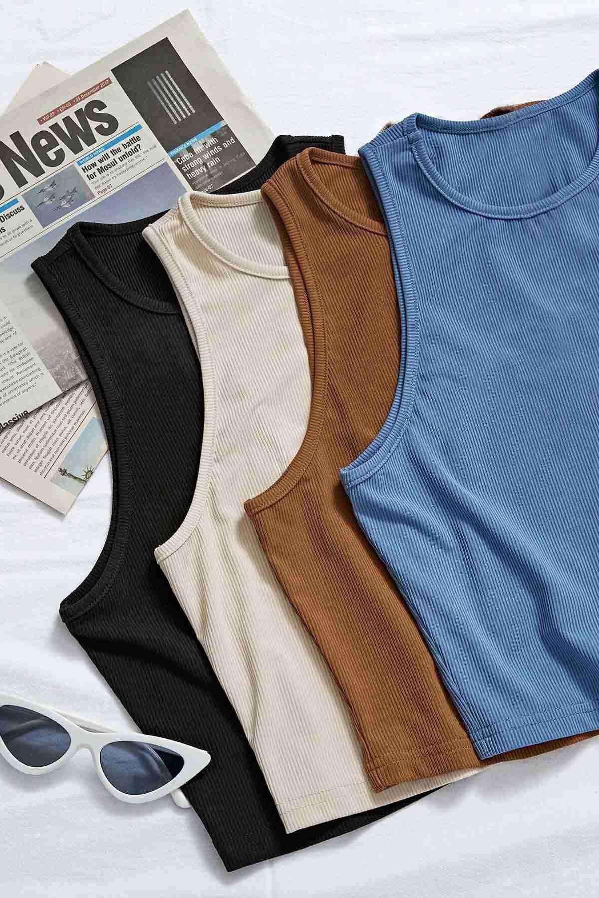 Merry See Tek Renk 1 Adet Kadın Kolsuz Örme Kumaş Bluz Crop Siyah