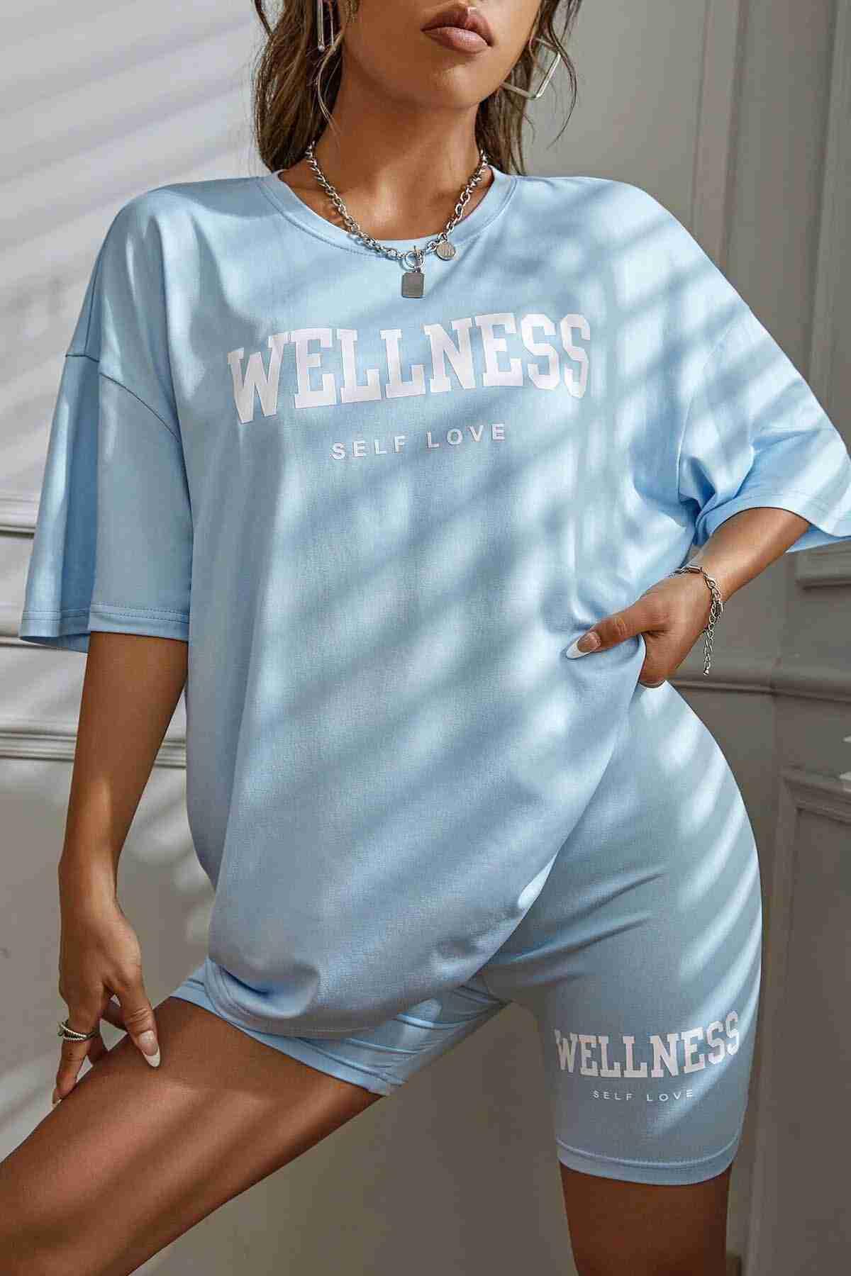 Merry See WELLNESS Baskılı Soft Kısa Kollu Şortlu Alt Üst Takımı Mavi