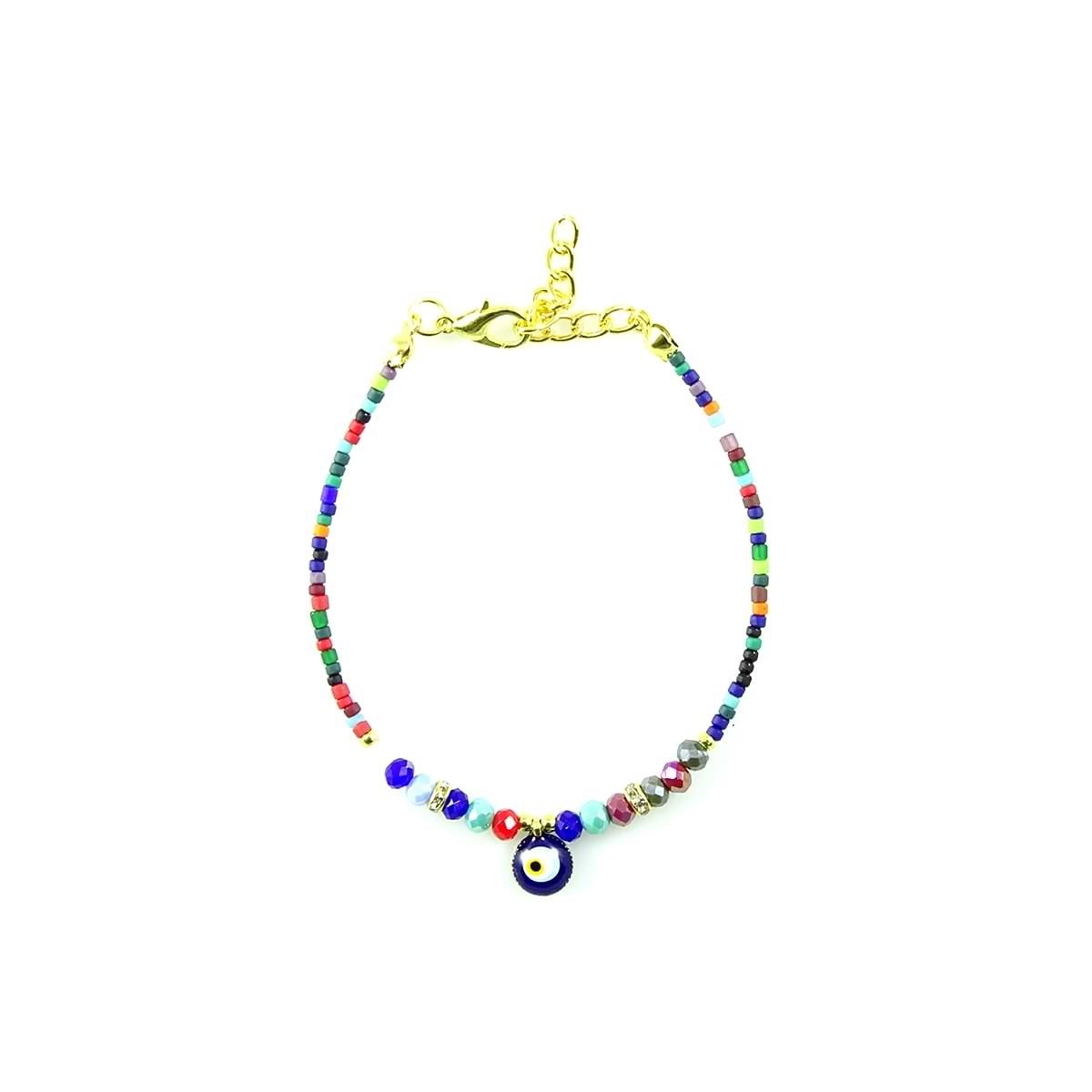 Crystal Afghan Beads Bracelet with Small Evil Eye Pendant (12 Pack)