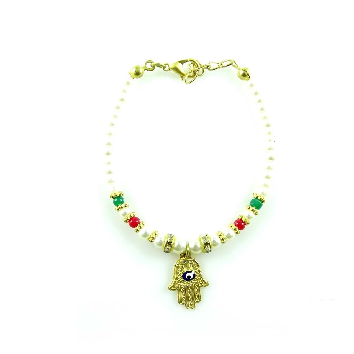 : Colorful Pearl Beads Bracelet With Hand of Fatima Symbol (12 Pack)