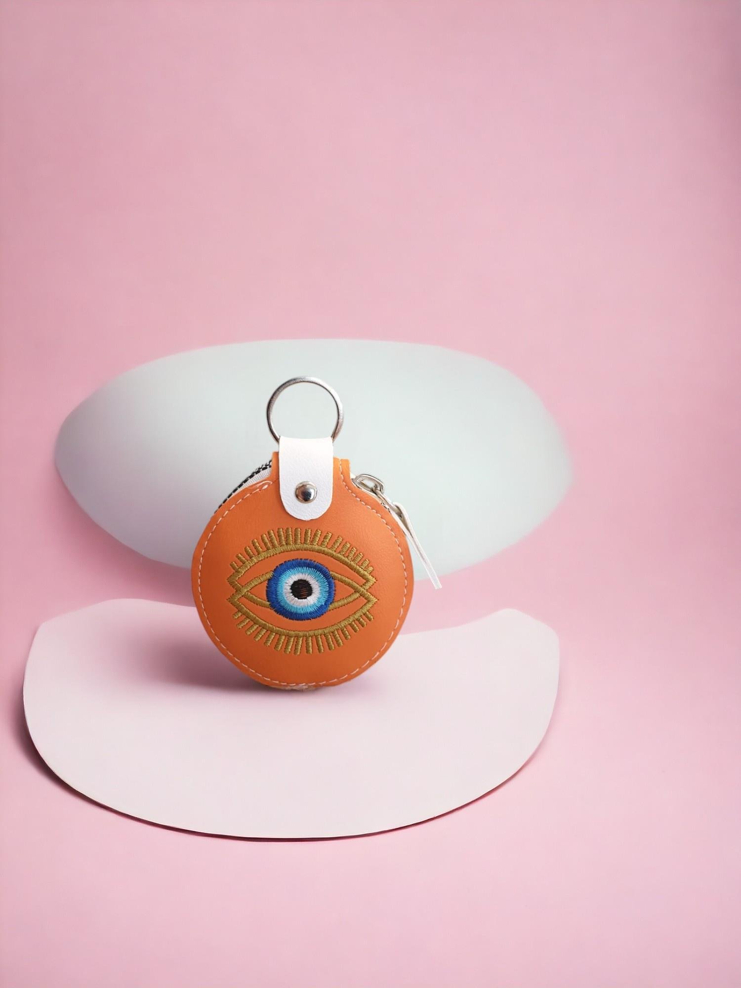 Nazar Desenli  Suni Deri Yuvarlak Cüzdan Anahtarlık  (7Cm)