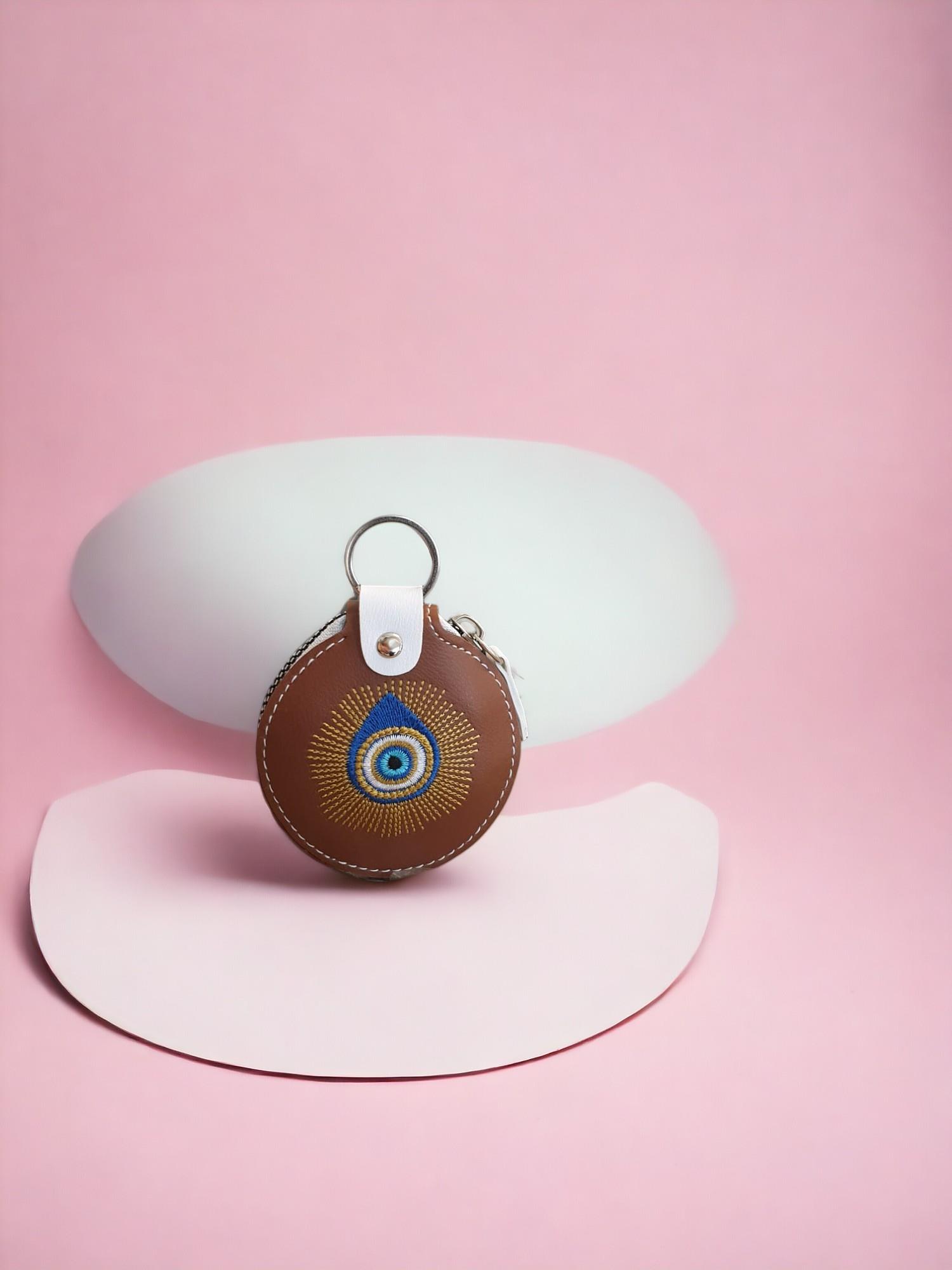 Nazar Desenli  Suni Deri Yuvarlak Cüzdan Anahtarlık  (7Cm)