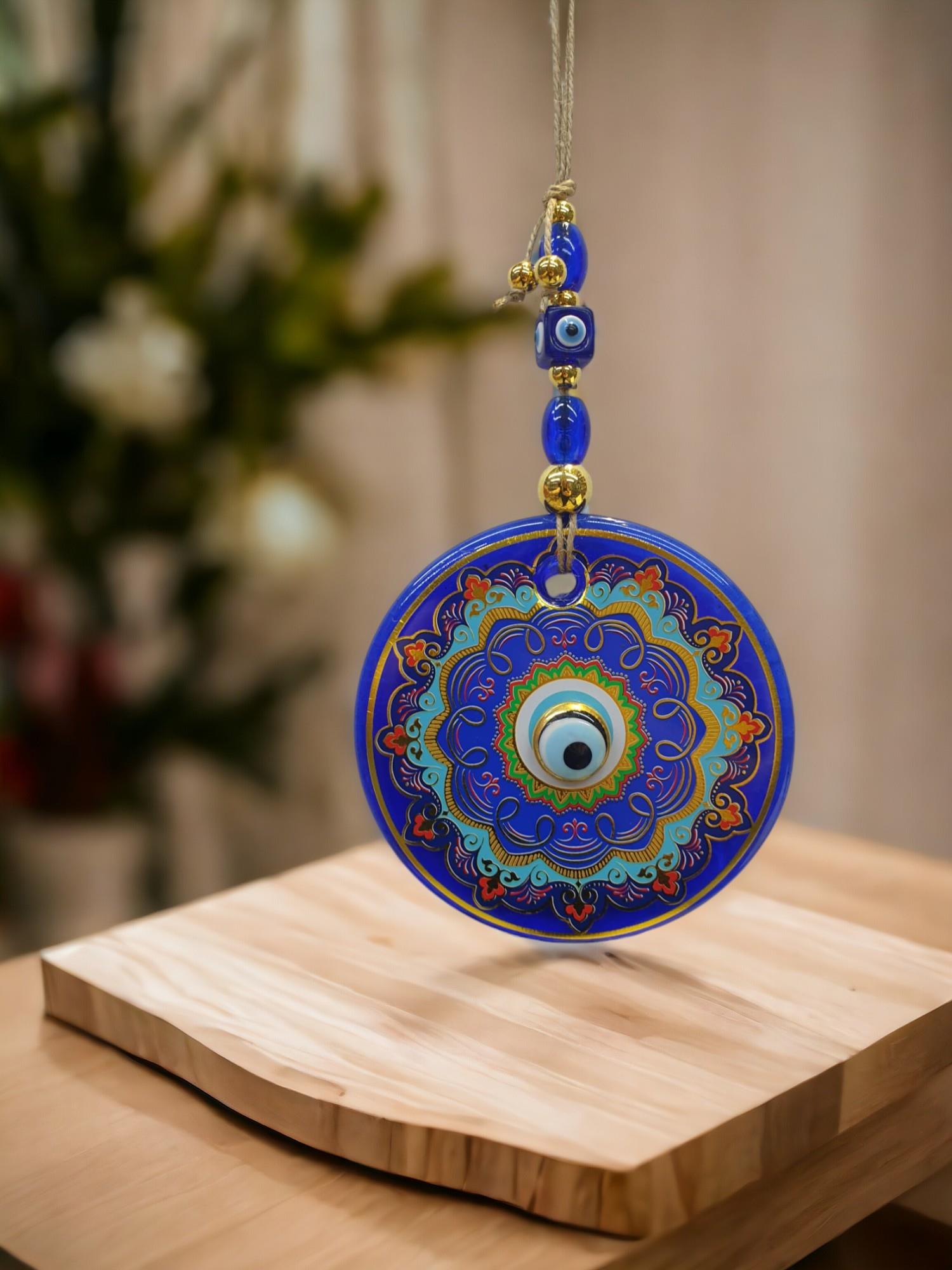 Yaldızlı Baskılı Mavi Cam Duvar Süsü