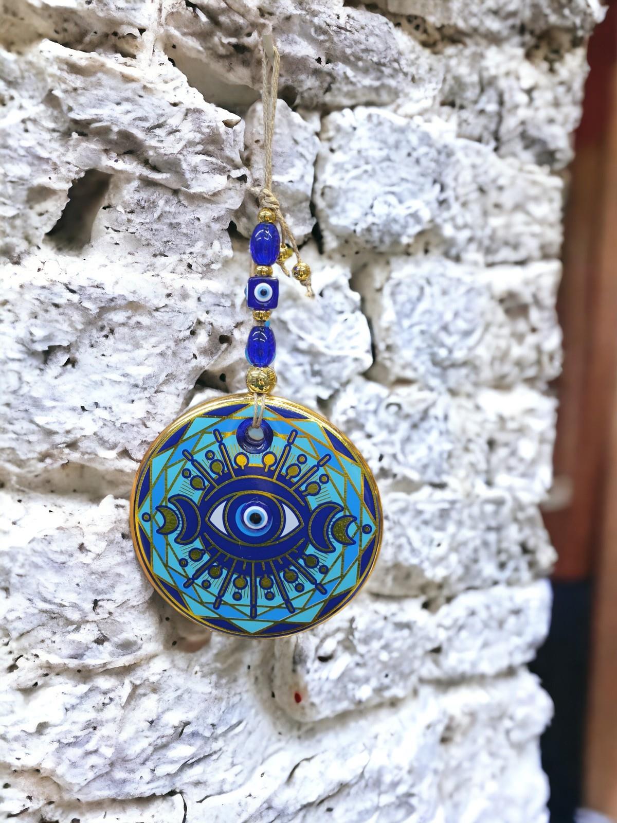 Yaldızlı Baskılı Mavi Cam Duvar Süsü