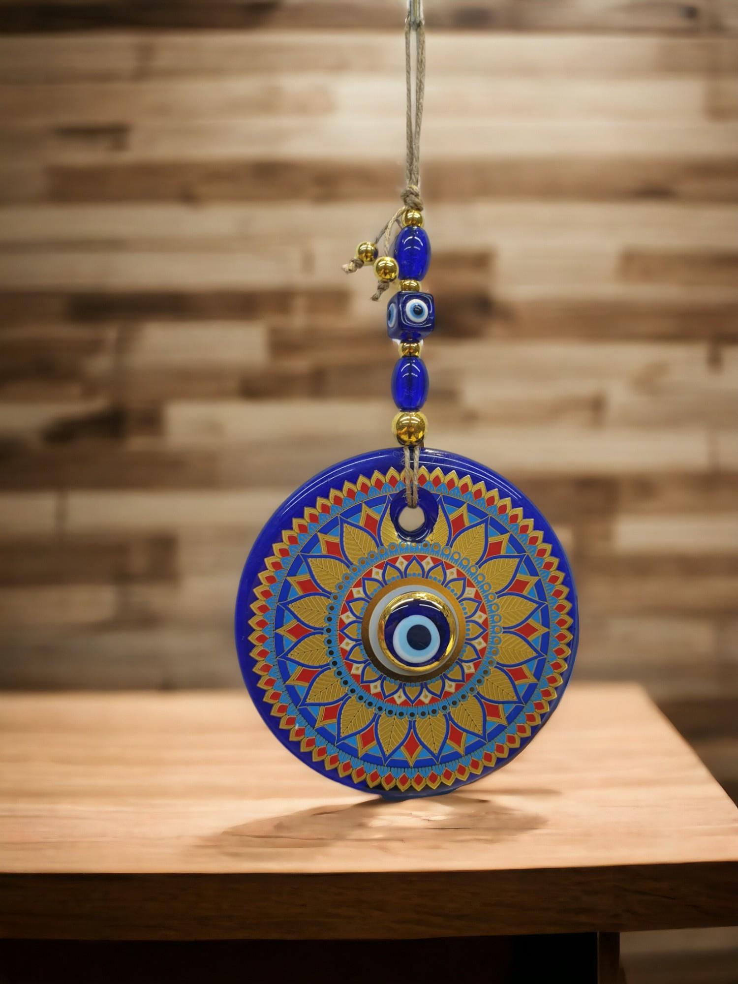 Yaldızlı Baskılı Mavi Cam Duvar Süsü