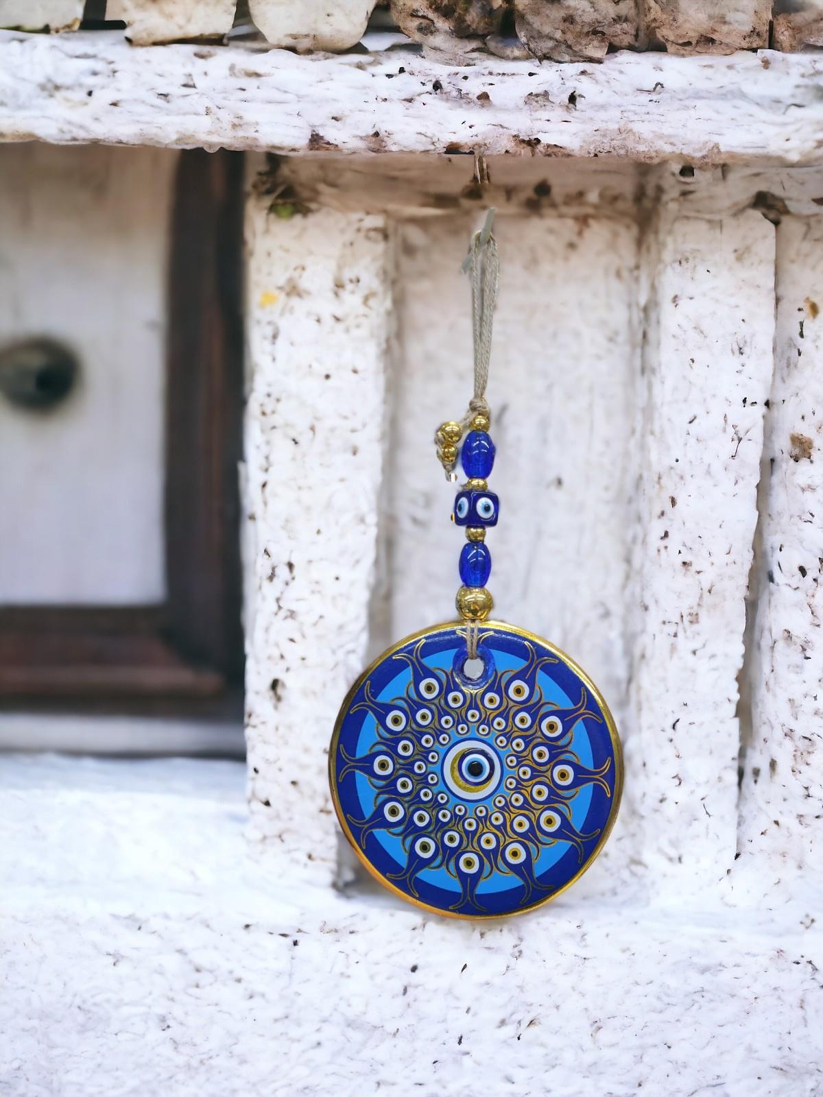 Yaldızlı Baskılı Mavi Cam Duvar Süsü