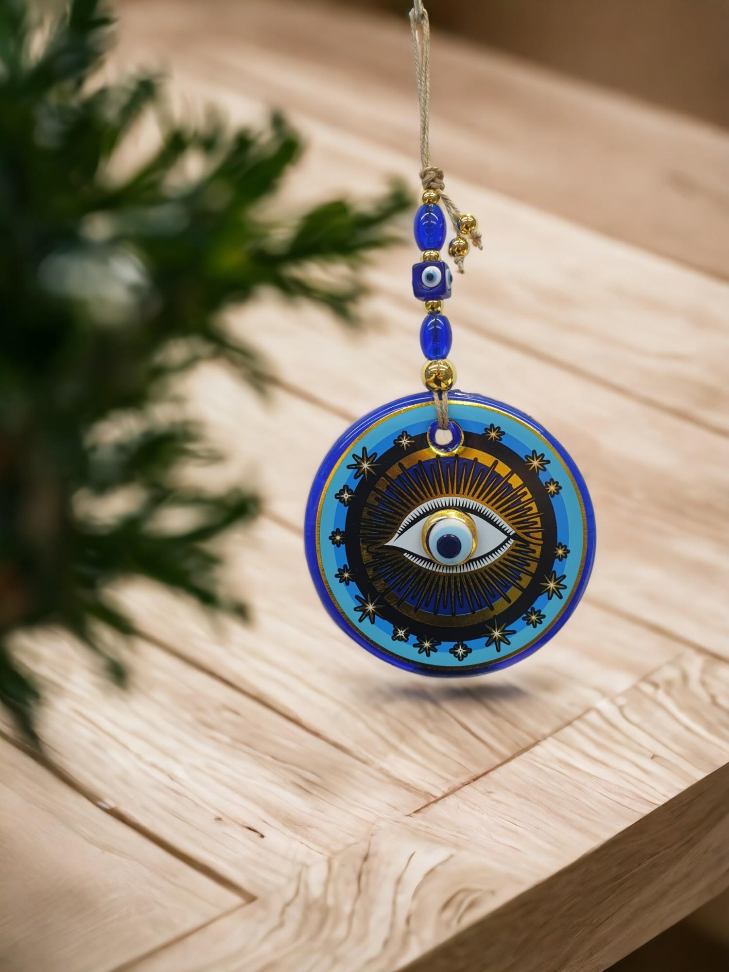 Yaldızlı Baskılı Mavi Cam Duvar Süsü