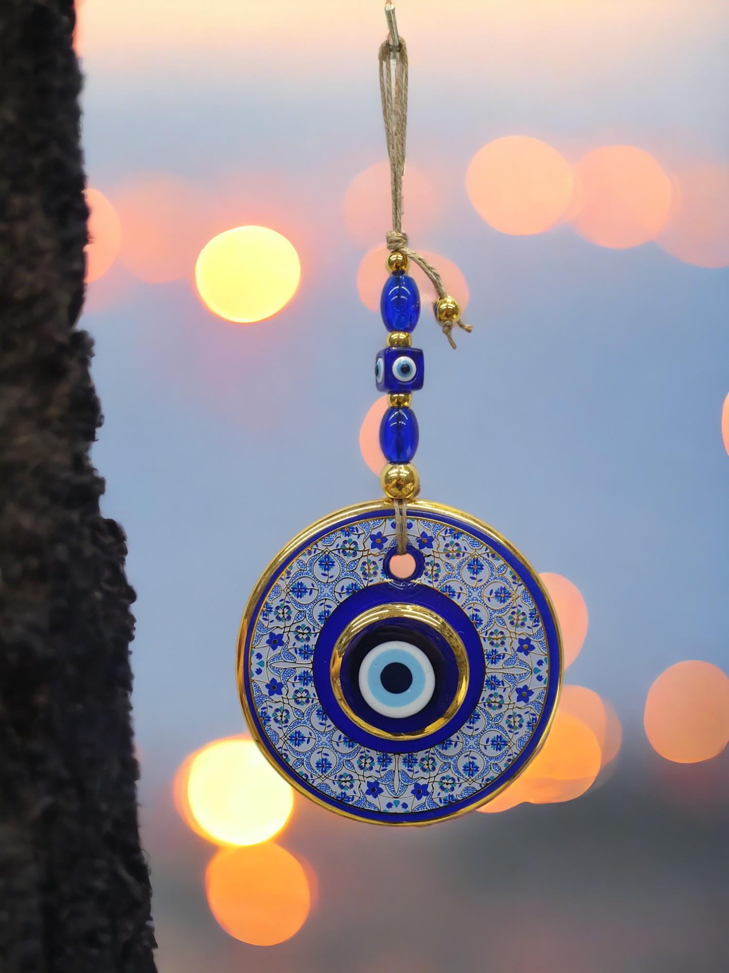 Yaldızlı Baskılı Mavi Cam Duvar Süsü