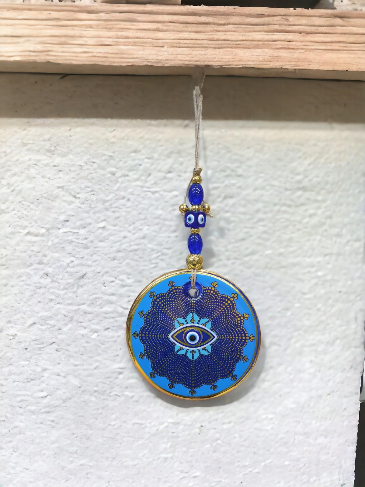 Yaldızlı Baskılı Mavi Cam Duvar Süsü