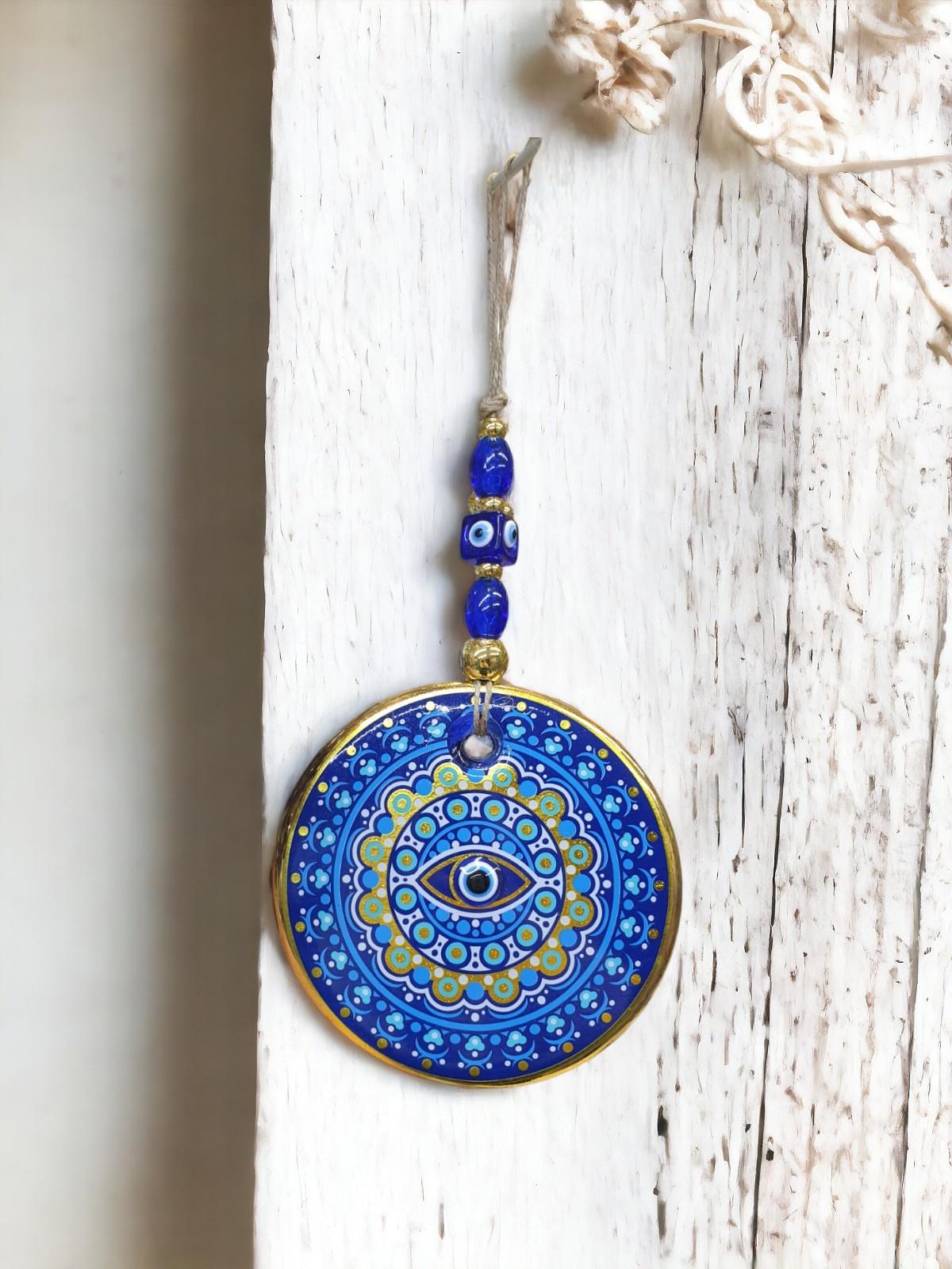 Yaldızlı Baskılı Mavi Cam Duvar Süsü