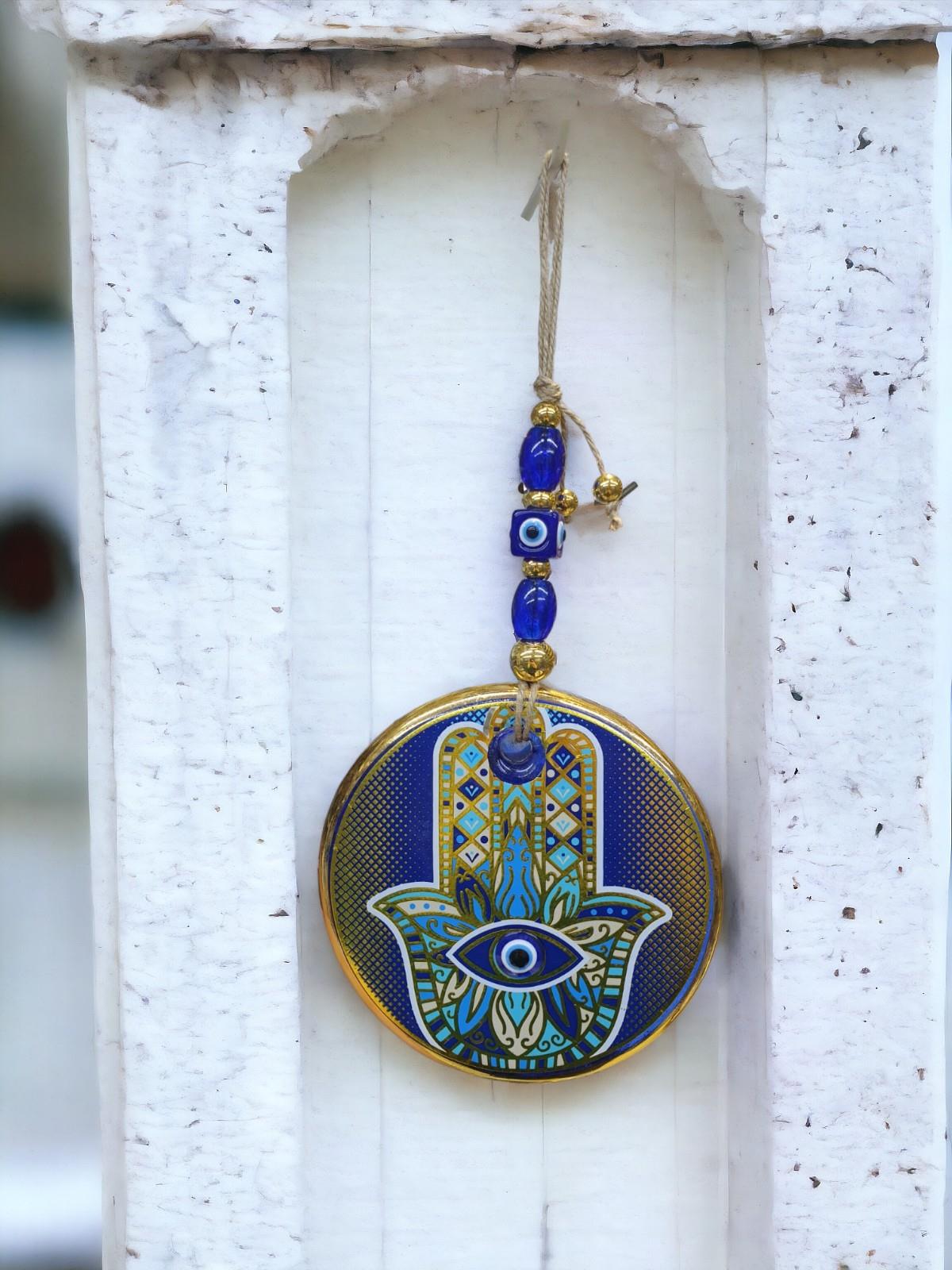 Yaldızlı Baskılı Mavi Cam Duvar Süsü