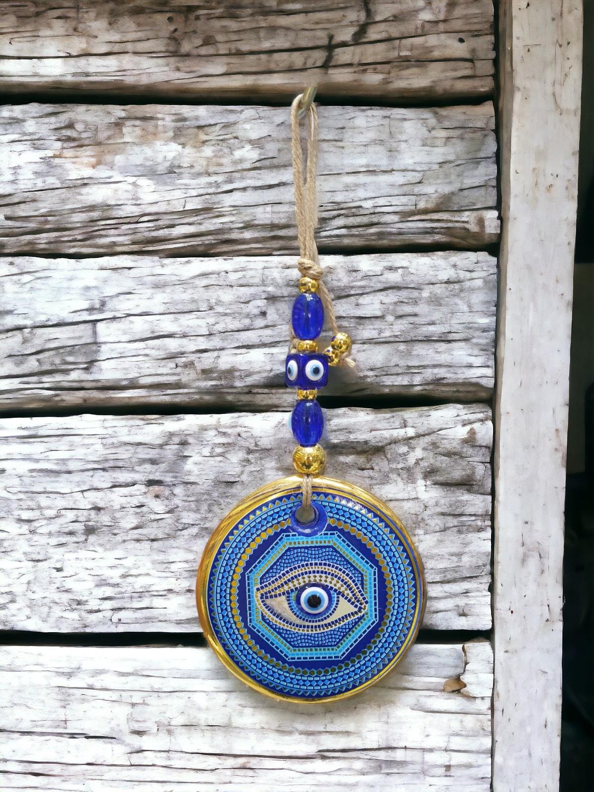 Yaldızlı Baskılı Mavi Cam Duvar Süsü