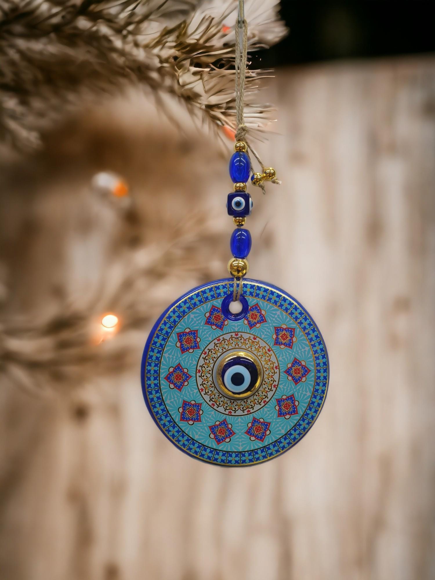 Yaldızlı Baskılı Mavi Cam Duvar Süsü