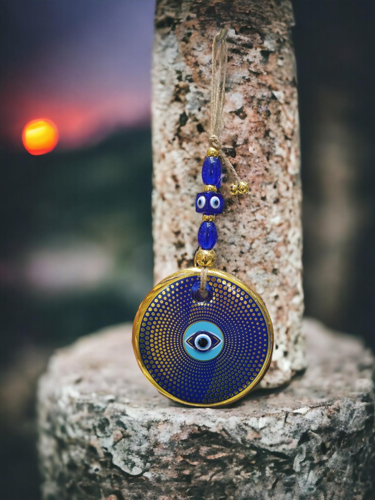 Yaldızlı Baskılı Mavi Cam Duvar Süsü