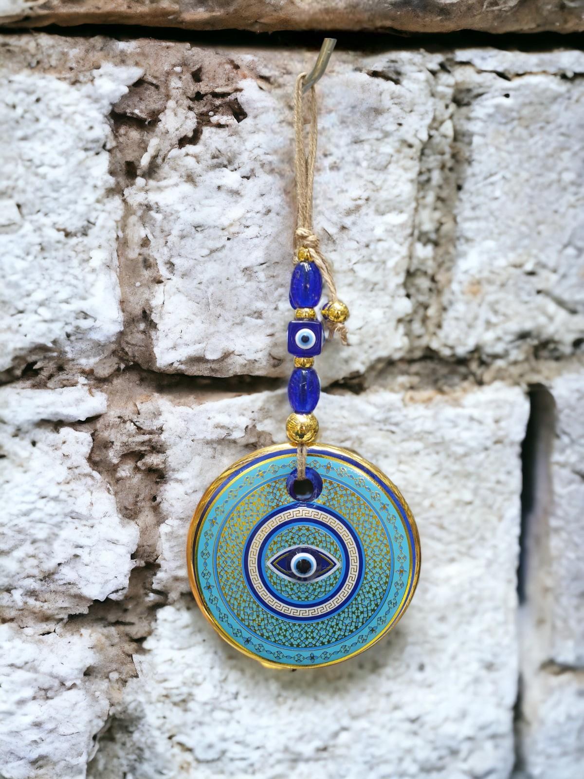 Yaldızlı Baskılı Mavi Cam Duvar Süsü