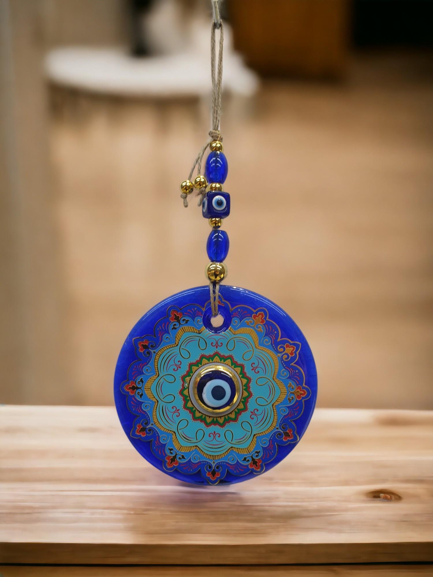 Yaldızlı Baskılı Mavi Cam Duvar Süsü