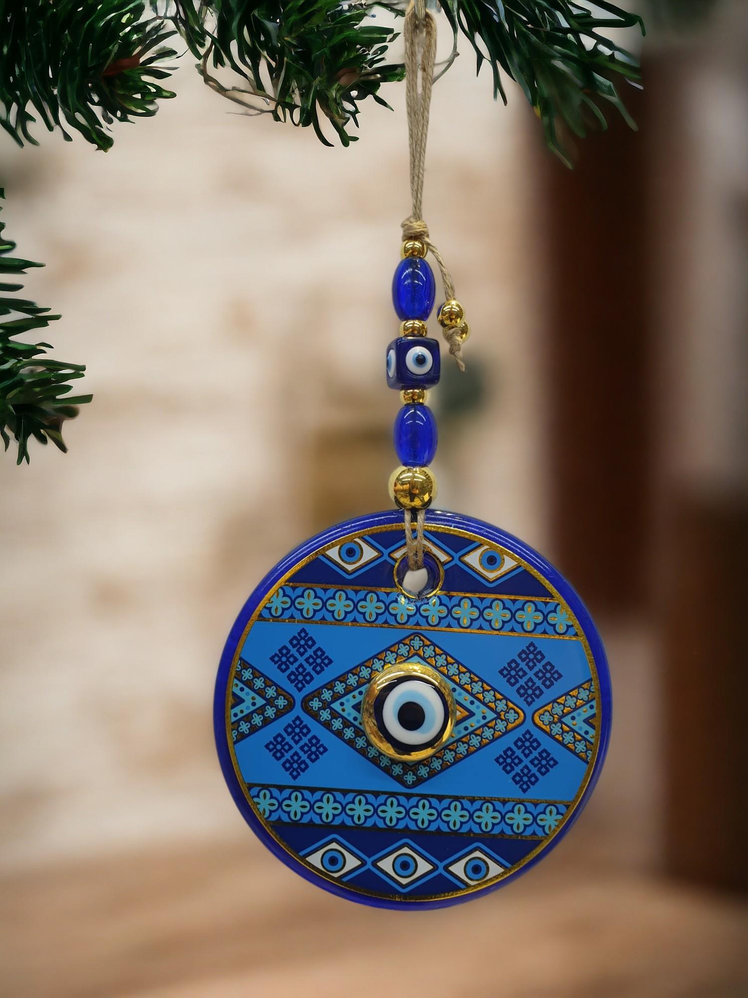 Yaldızlı Baskılı Mavi Cam Duvar Süsü