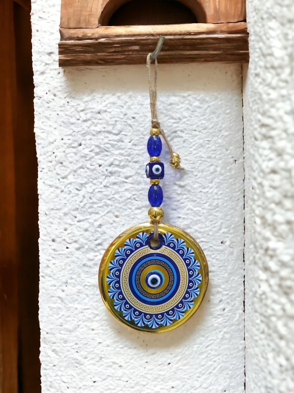 Yaldızlı Baskılı Mavi Cam Duvar Süsü