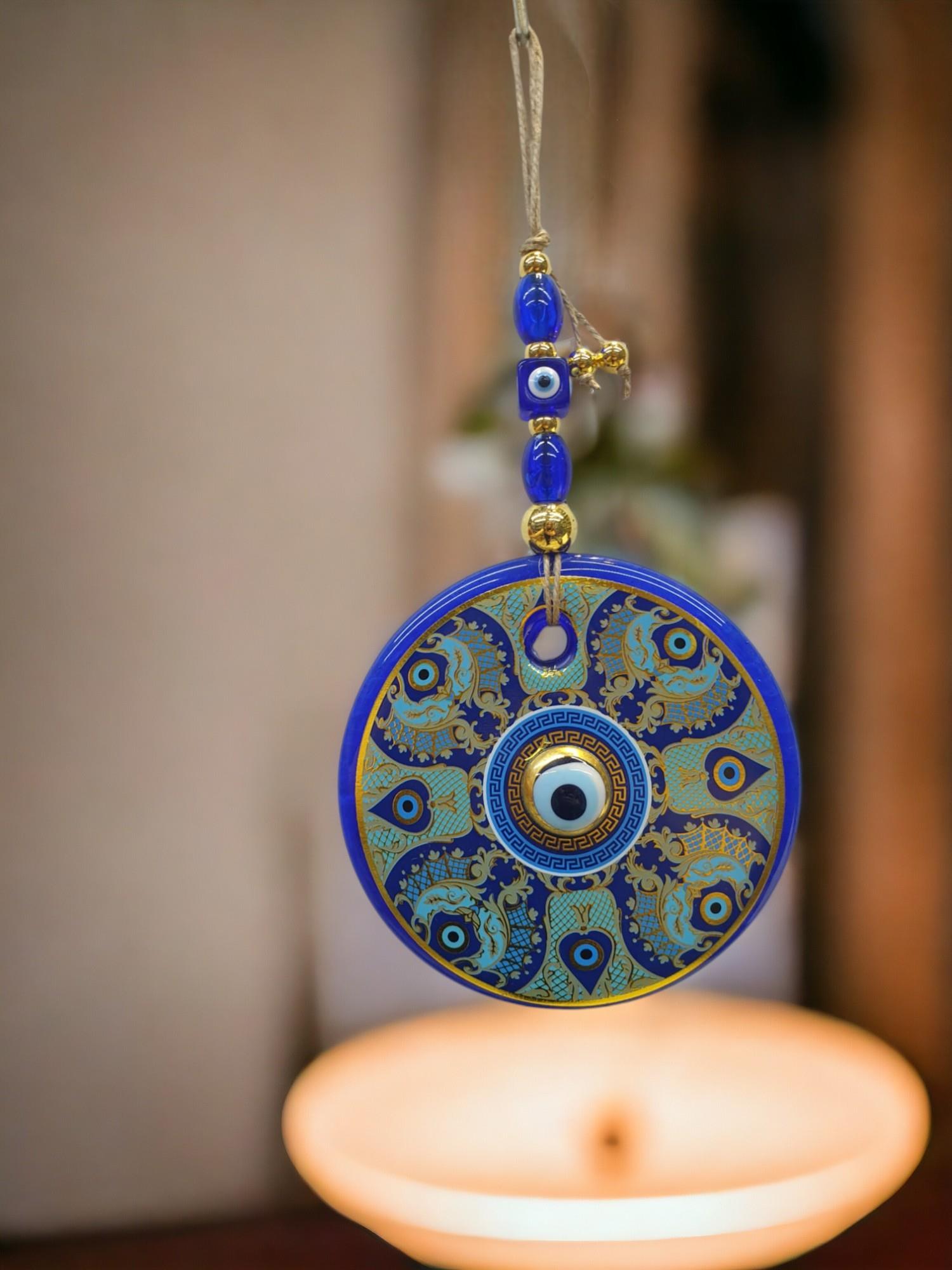 Yaldızlı Baskılı Mavi Cam Duvar Süsü