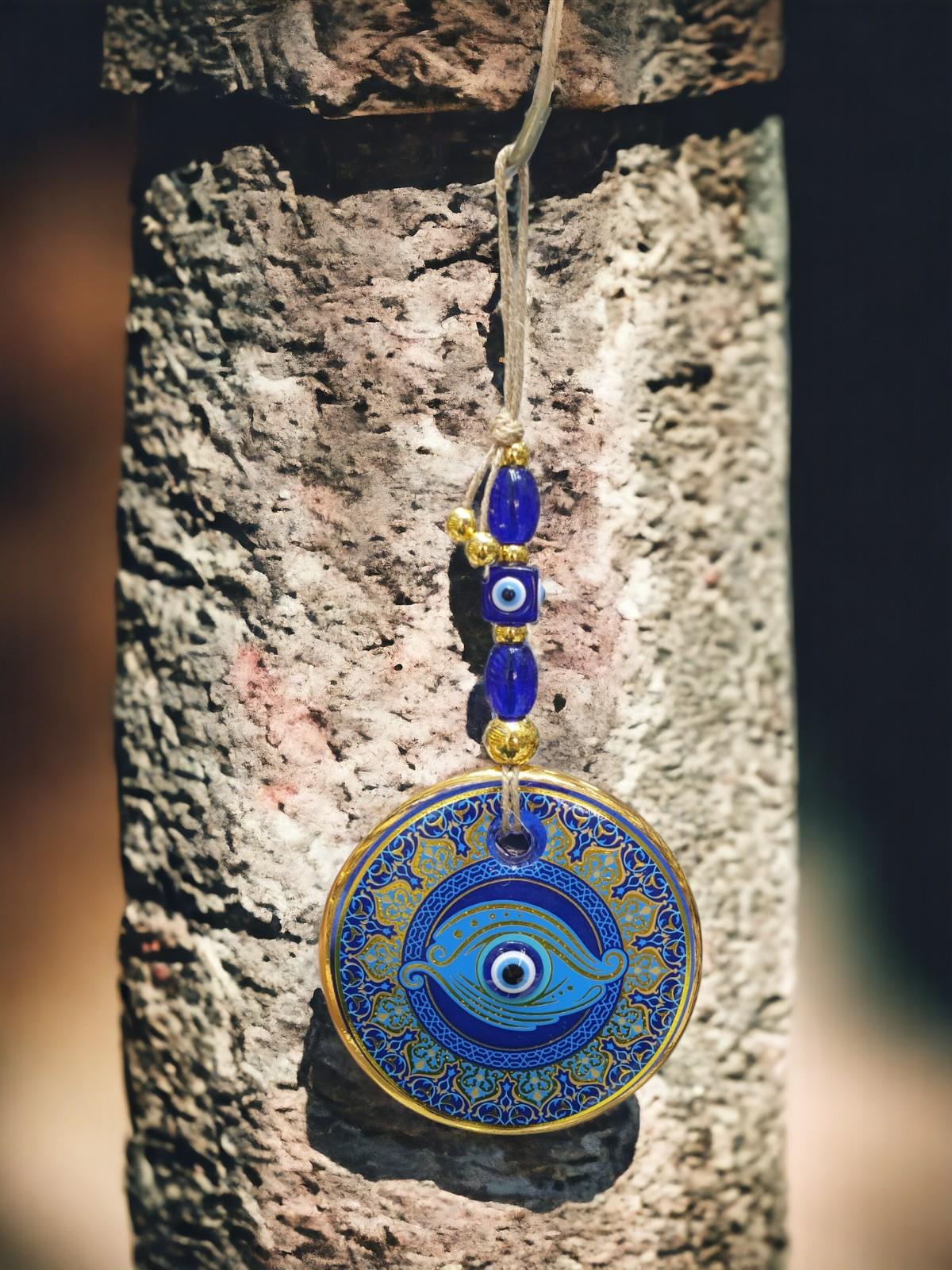 Yaldızlı Baskılı Mavi Cam Duvar Süsü