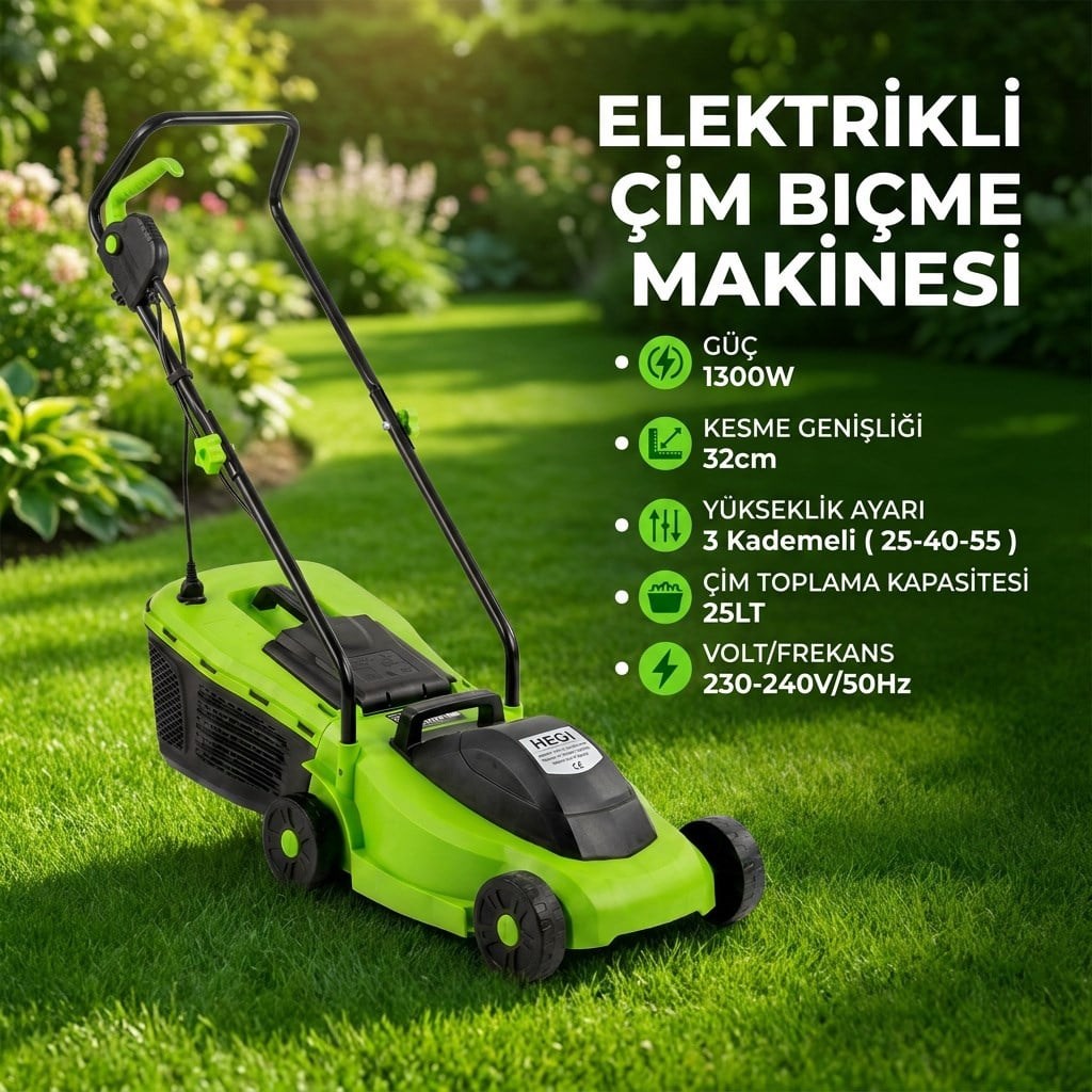 HEGI ELEKTRİKLİ ÇİM BİÇME MAKİNESİ 32 CM – 1300W