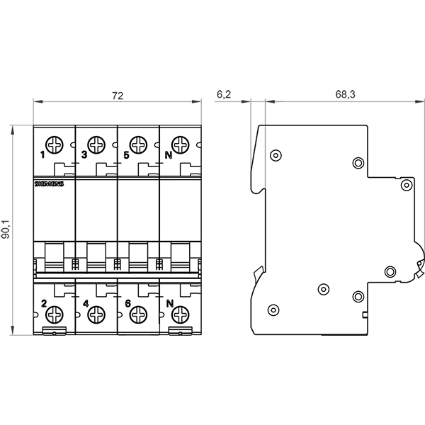 SiemensSiemens 5SL4616-7 16A; 3+N; 70mm Otomat; Anahtarlı Otomatik Sigorta; 10kA; C Tipi; Yavaş Karakterli