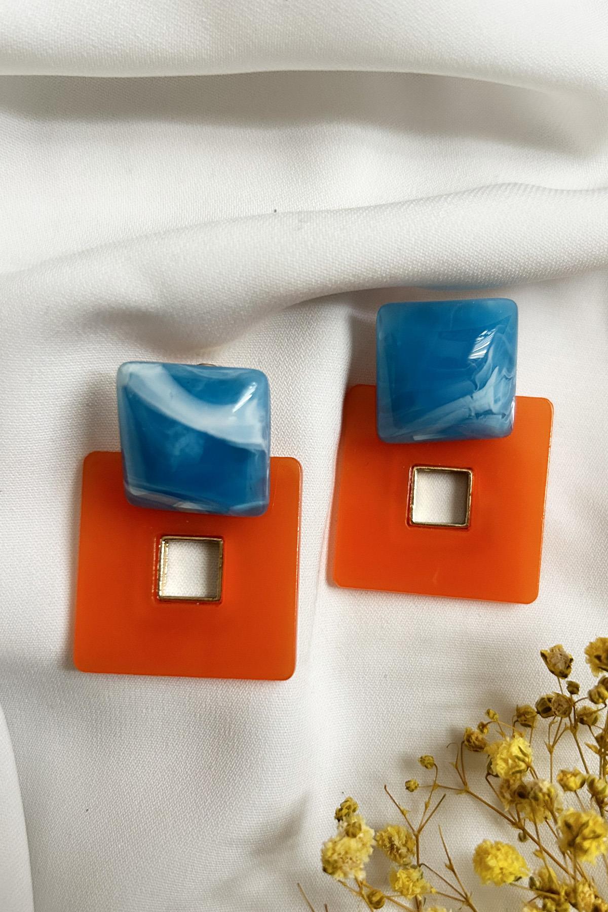 Akrilik Sallantılı Turuncu Mavi Küpe