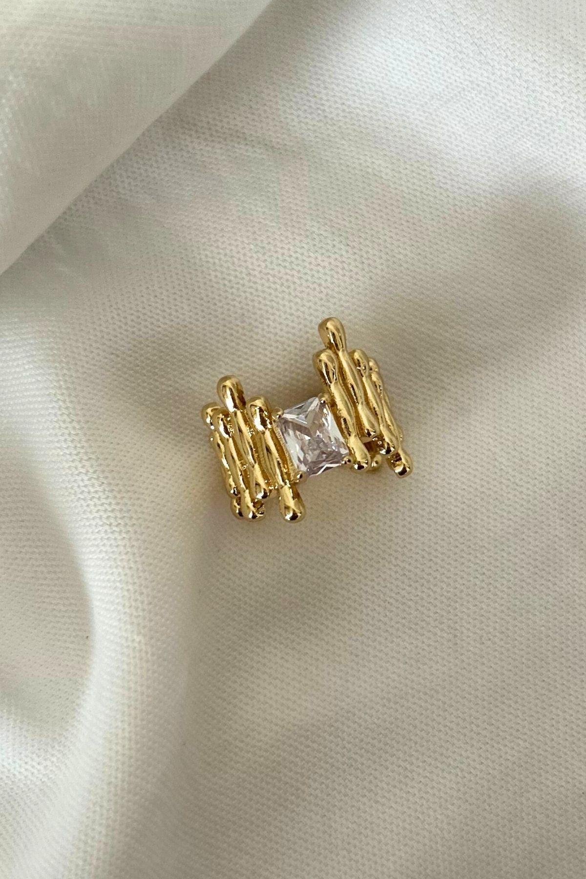 Altın Kaplama Ayarlanabilir Kalın Tırtıklı Baget Taş Yüzük