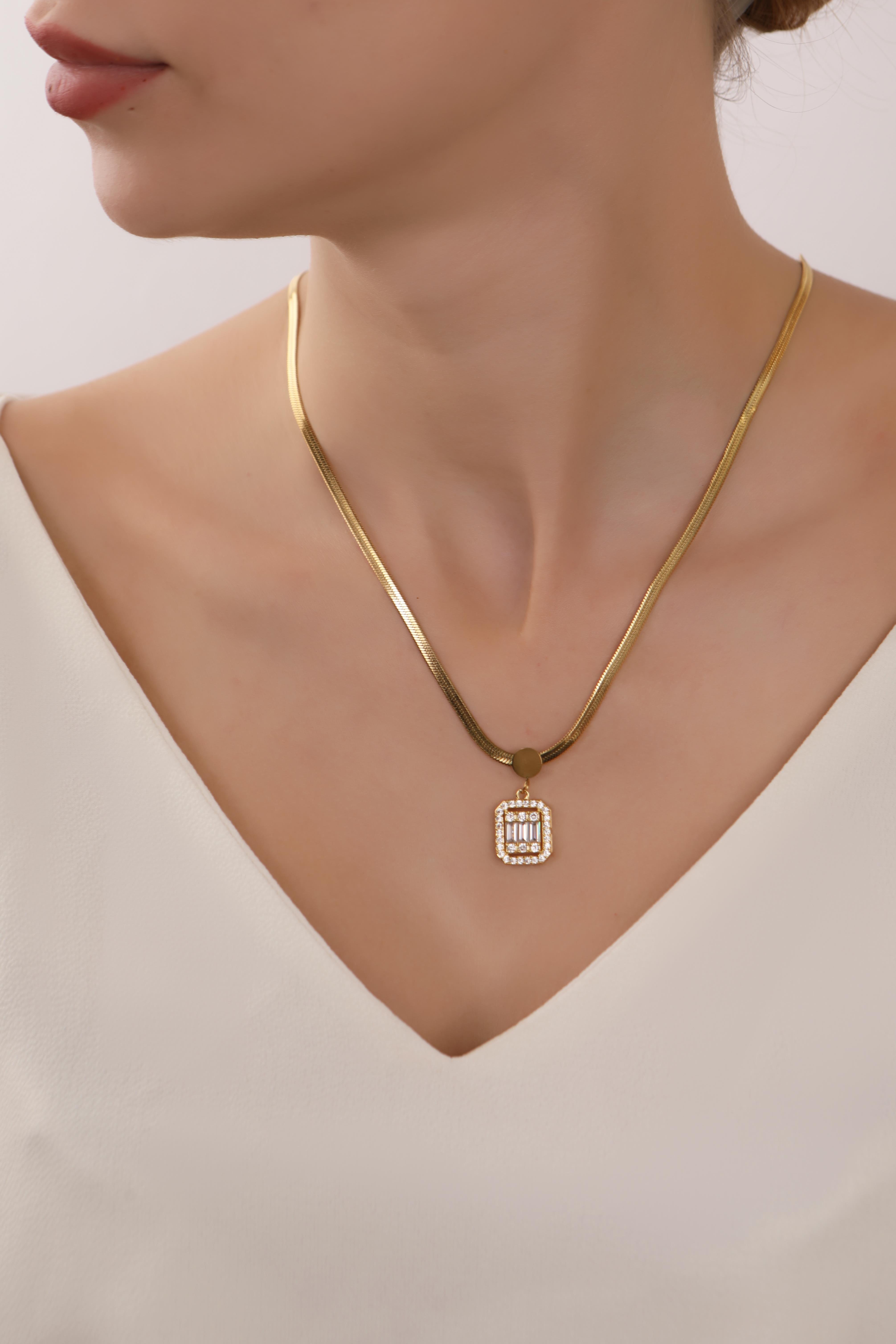 Gold Plated Baguette Stone Italian Chain Steel Necklace