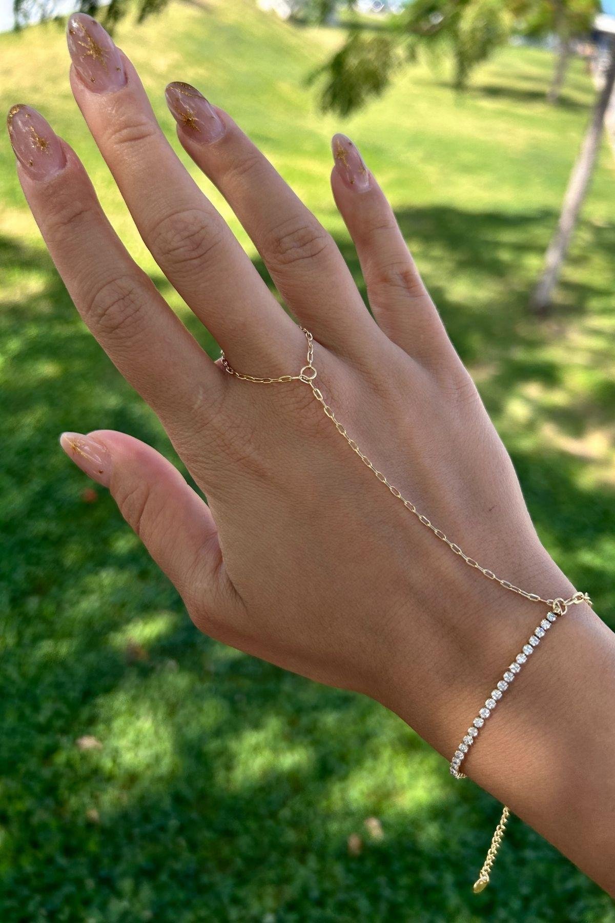 Altın Kaplama Çelik Zirkon Taşlı Su Yolu Zincir Detaylı Şahmaran Bileklik