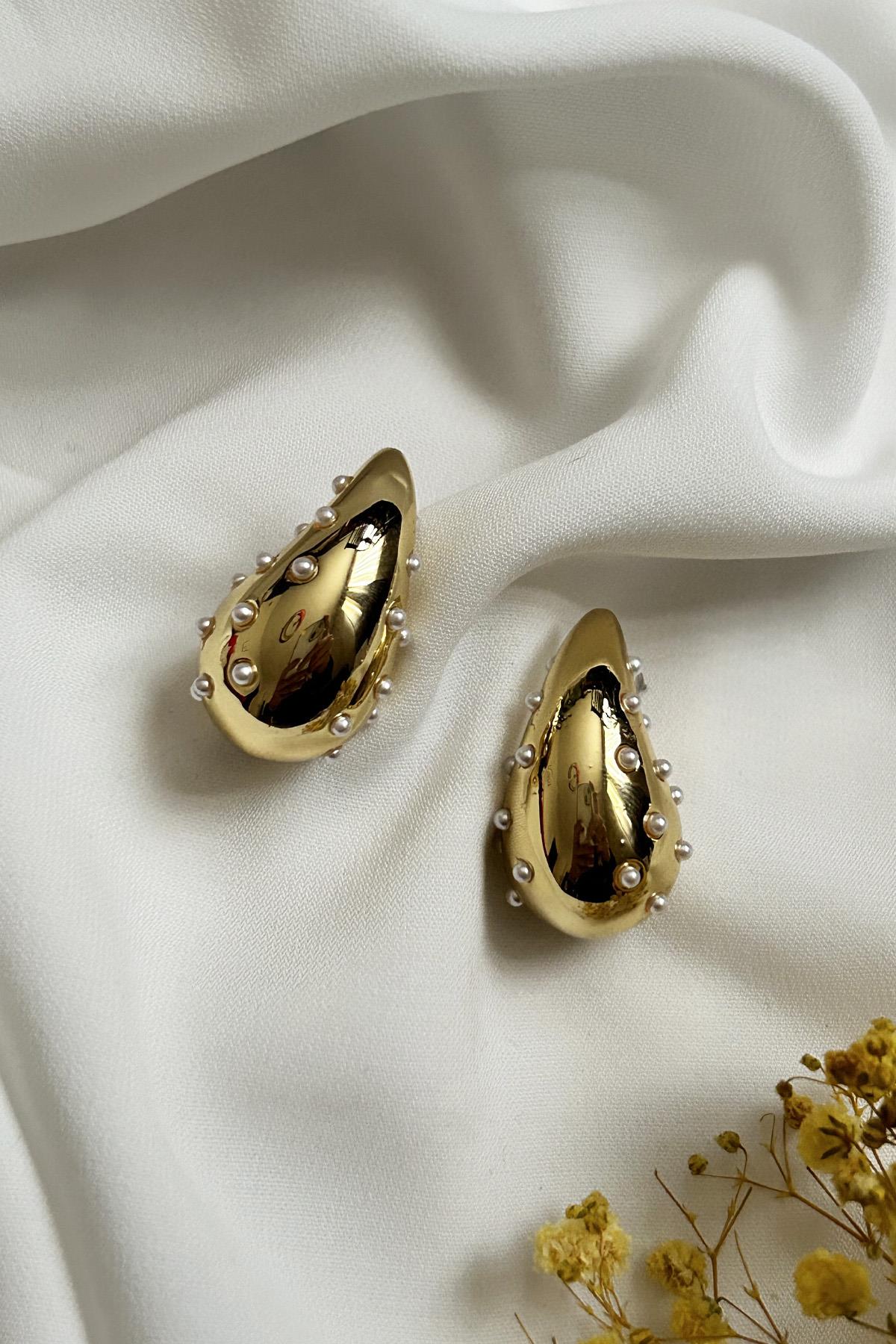 Altın Kaplama İnci Detaylı Bottega Küpe